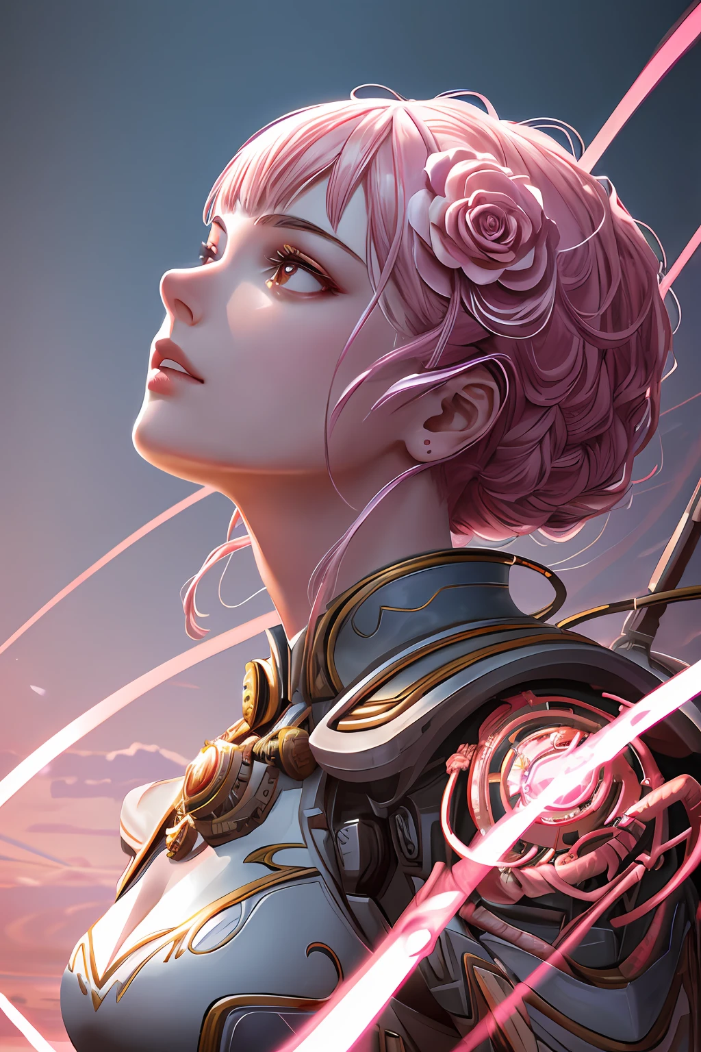 1mechanical girl,((ultra realistic details)), portrait, global illumination, shadows, octane render, 8k, ultra sharp,metal,intricate, ornaments detailed, cold colors, egypician detail, highly intricate details, realistic light, trending on cgsociety, glowing eyes, facing camera, neon details, machanical limbs,blood vessels connected to tubes,mechanical vertebra attaching to back,mechanical cervial attaching to neck,sitting,wires and cables connecting to head, Radiant pale pink rose - shaped clouds and sakura blossoms surround a floating fantasy mansion in the sky, pale pastels, fantasy, enchanted dreamland, magical fairy landscape seen in the distance, atmospheric lighting, intricate, elegant, volumetric lighting, dot matrix digital painting, highly detailed, artstationHQ, sharp focus, illustration, concept art, magical realism