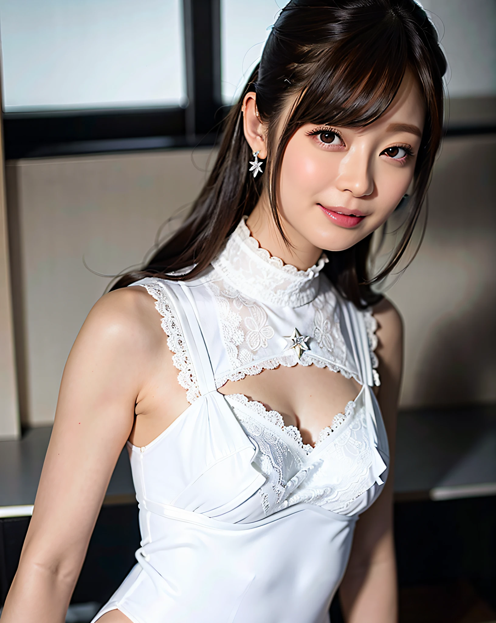 Woman posing on street corner in white dress, Best Quality, High Resolution, 8K, 1 girl, (Big), Day, Bright, Outdoor, (Street:0.8), (People, Crowd:1), (Lace trimmed dress:1.5, White dress:1.5, White high neck dress:1.5, Sleeveless dress, White dress:1.5), Gorgeous, (Wavy hair,Black hair:1.5), Beautiful detailed sky, Beautiful earrings, (Dynamic Puse:0.8), (Upper Body:1.2), Soft lighting, Wind, Glossy skin, Look at the viewer, Smile, (Closed mouth:1.5),Leotard Bikini