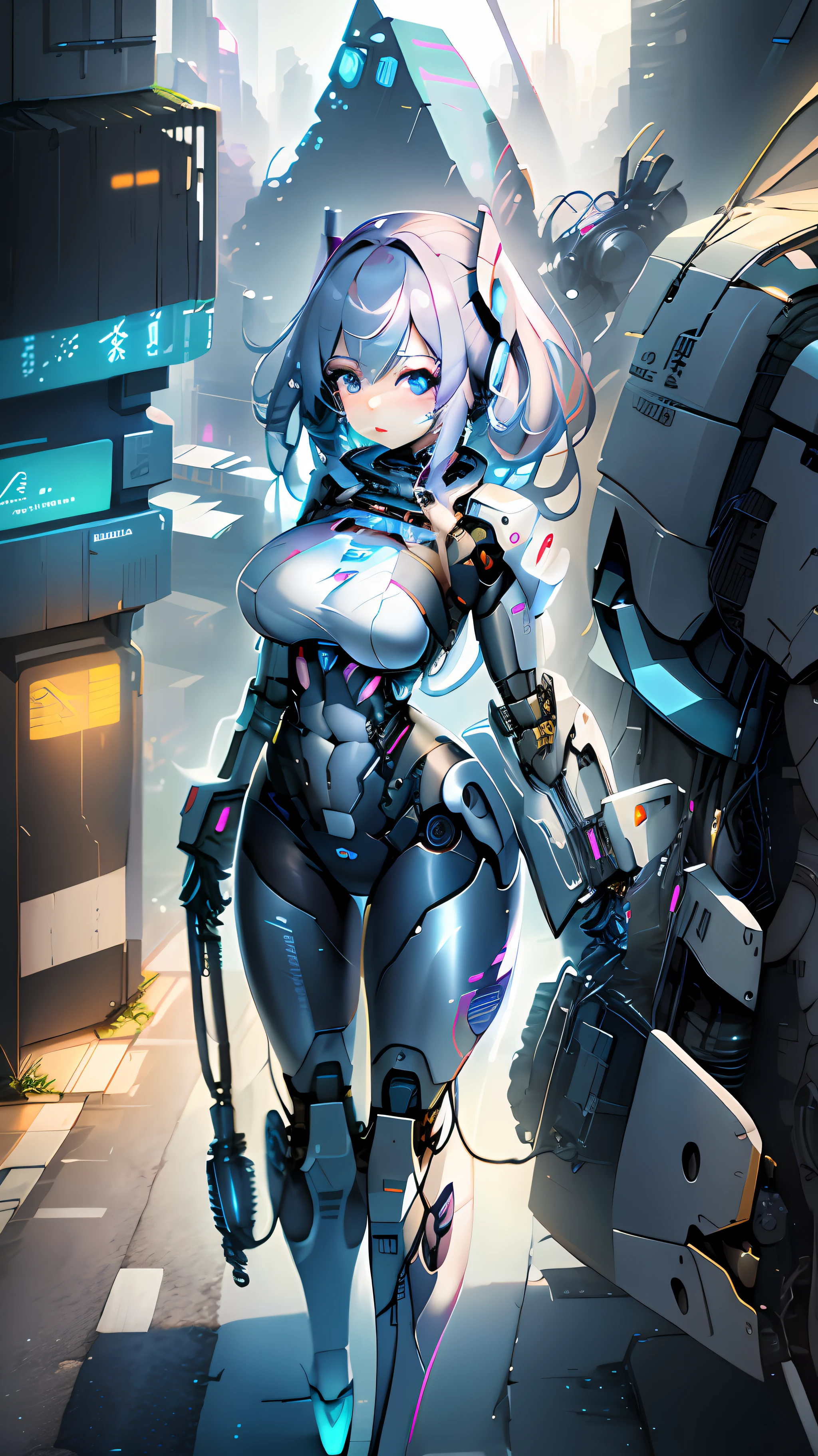 woman in futuristic costume standing in city, oppai cyberpunk, cyberpunk anime girl mech, cyberpunk anime girl, female cyberpunk anime girl, digital cyberpunk anime art, anime cyberpunk art , perfect robot girl, robot heroine, cyberpunk anime art, modern cyberpunk anime, digital cyberpunk-anime art, biomechanics oppai, facial details, eye details