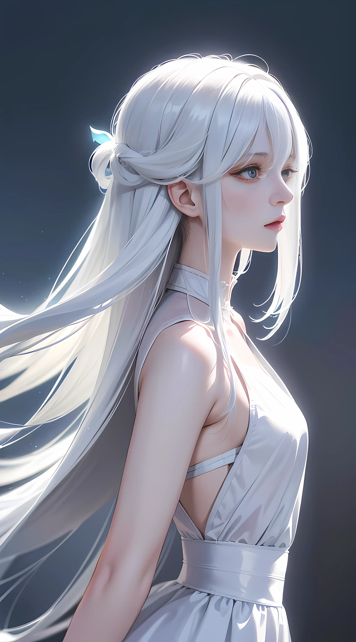 Girl staring at something with long white hair and blue eyes, anime drawing inspired by Knight Lee, pixiv, digital art, white hair girl, flowing white hair, perfect white hair girl, light through white hair, white hair, detailed portrait of anime girl, white hair god, anime girl profile, beautiful anime portrait, detailed digital anime art, aesthetic, realistic