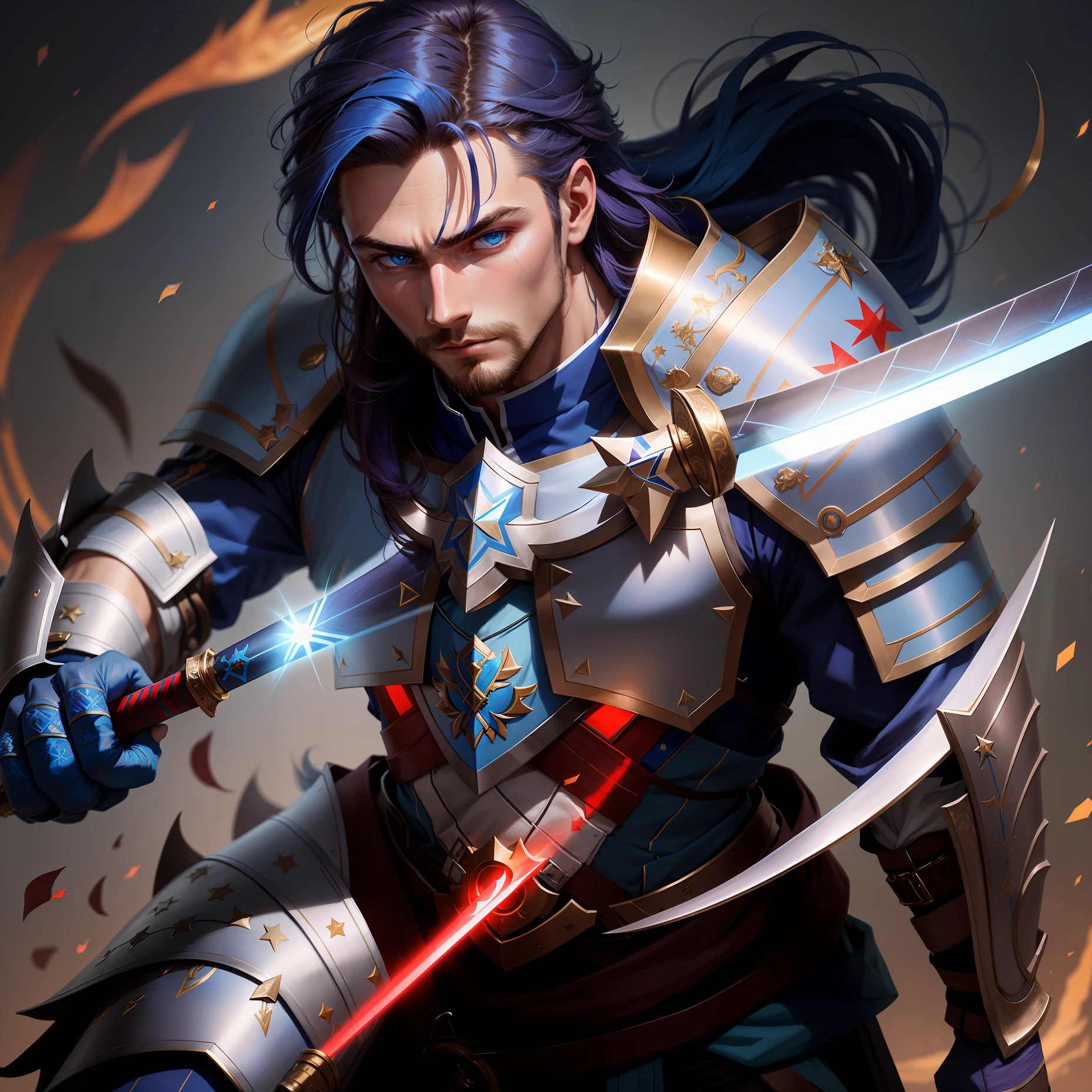 Male, handsome, long hair, holding a long sword, blue and cyan clothes, with a scabbard on his side, resolute eyes, a star-like strip next to him, and a red mark on his forehead