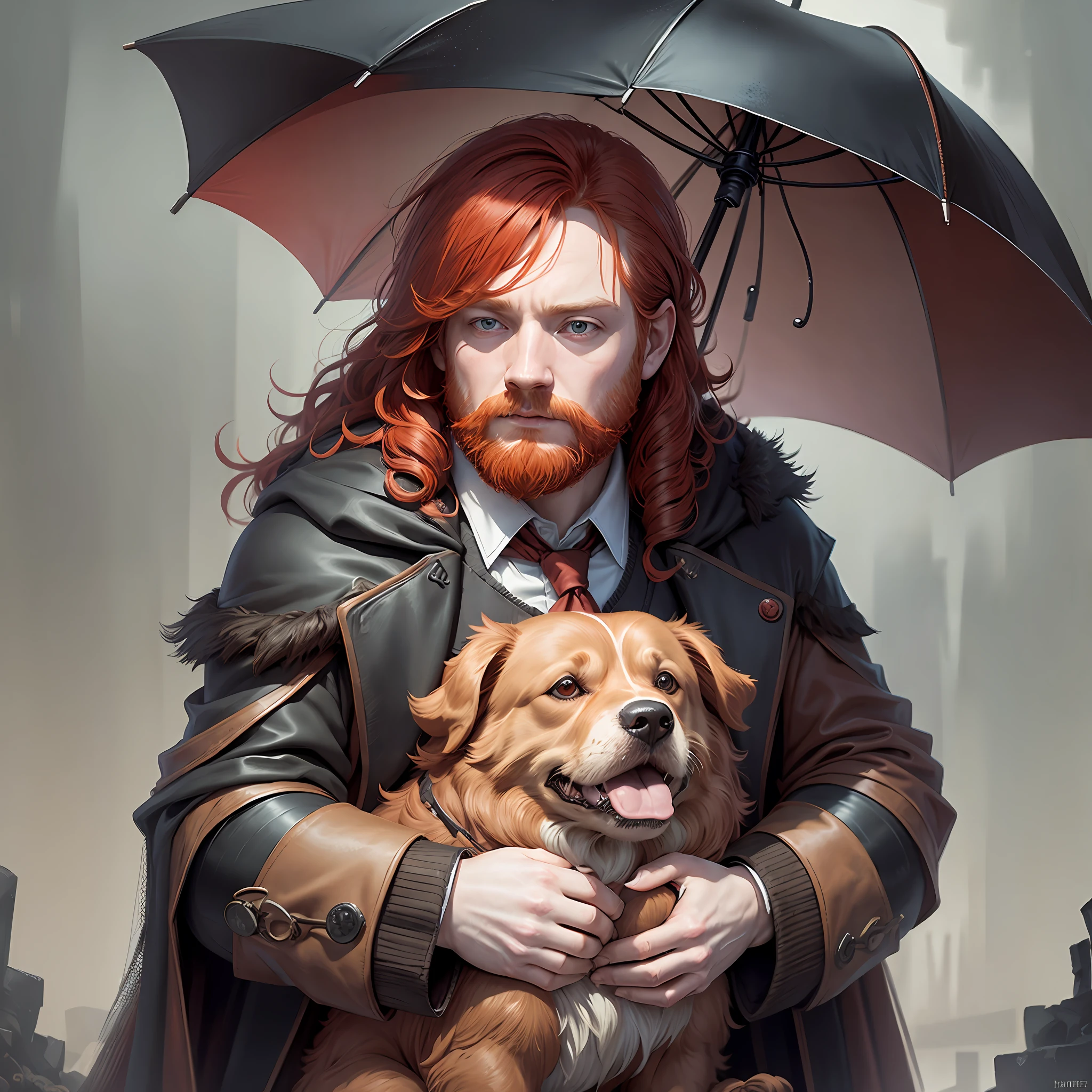 Rupert Grint, Harry Potter, red-haired, long-haired, cane, dirty brown coat, umbrella, dog, dirty, dirty, beard, hut, gatekeeper, fat