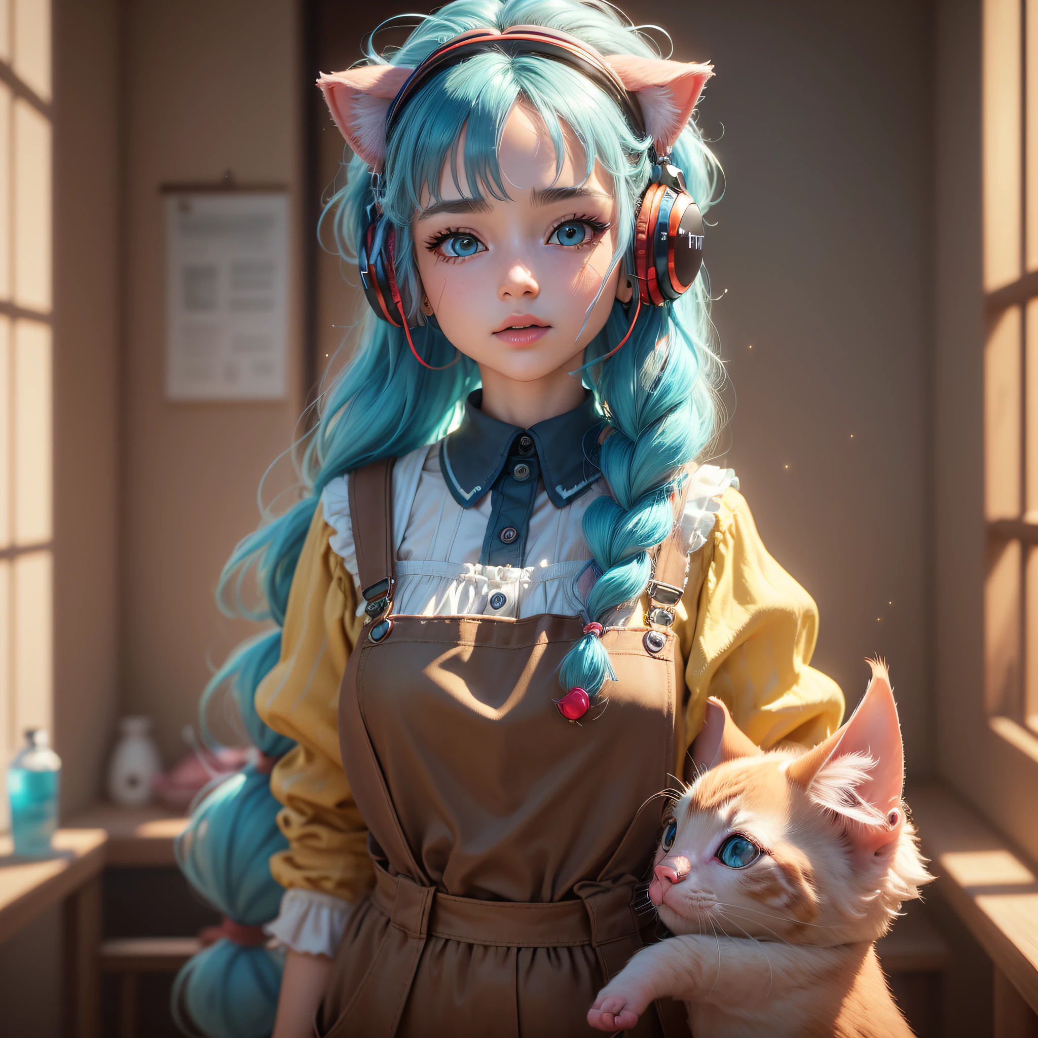 (Extremely detailed CG Unity 8k wallpaper, masterpiece, best quality, super detailed), (best lighting, best shadow, extremely delicate beauty), floating, sparkling eyes
	
[(Headbands, earrings, (cyan: 1.5|red: 1.2) braided pig's tail hair with kitten headphones, (light yellow: 1.3) overalls) :: 0.8] --auto --s2