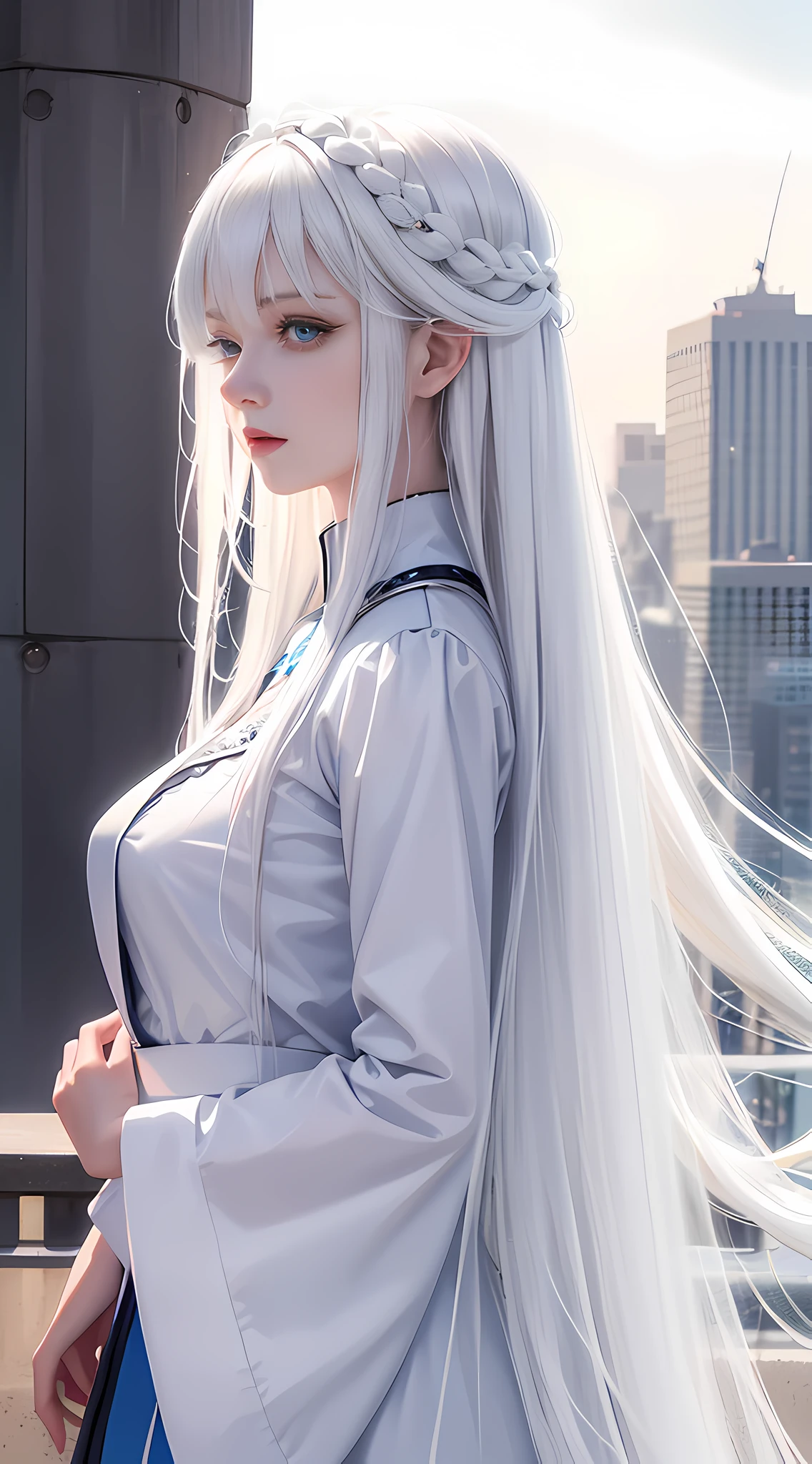 Girl staring at something with long white hair and blue eyes, anime drawing inspired by Knight Lee, pixiv, digital art, white hair girl, flowing white hair, perfect white hair girl, light through white hair, white hair, detailed portrait of anime girl, white hair god, anime girl profile, beautiful anime portrait, detailed digital anime art, aesthetic, realistic