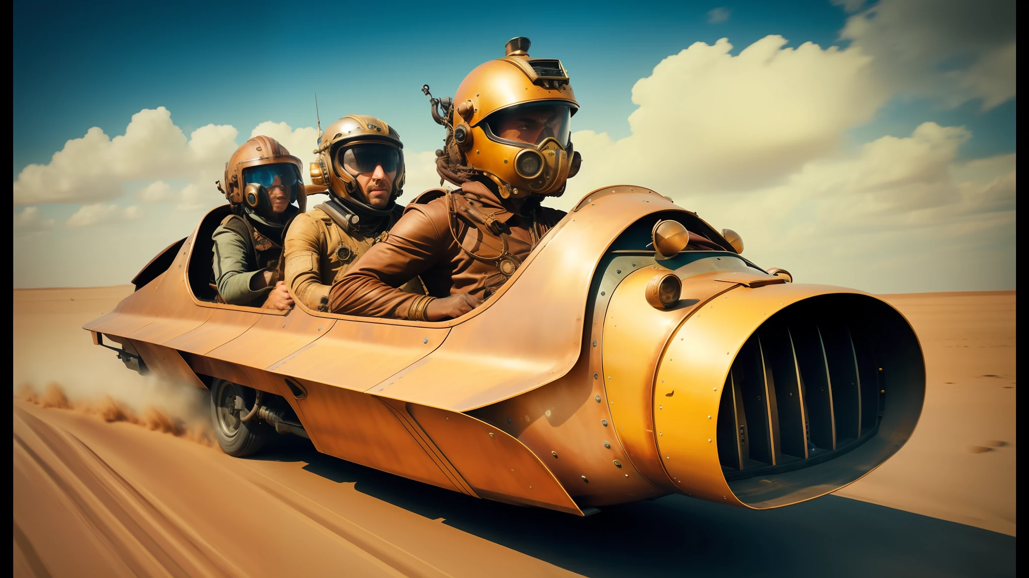there are three people riding in a vehicle with a helmet on, steampunk desert background, subaquatic photography, still from a live action movie, speedy aircraft, by Vladimír Vašíček, subnautica, transport design, exotic costumes, hydropunk