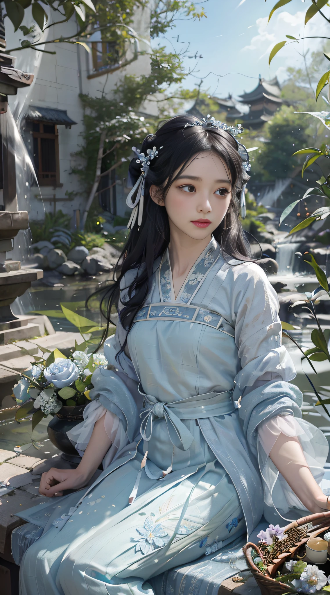 (Positive Focus), (In the Dark: 1 Girl), Surrealistic Female Portraits by David Hockney and Alphonse Mucha, Fantasy Art, Photo Realism, Dynamic Lighting, Art Station, Poster, Volumetric Lighting, Very Detailed Faces, 4K Wallpaper, Award-Winning , ,1 Girl, Blue Hanfu, Tulle Coat, Smiling Emoji, Long Black Hair, Light Blue Fringed Hair Ornament, White Ribbon, White Flower Bush, Light Blue Small Flowers, Light Blue Butterfly Flying, Sitting by the Pond, Reaching for Flowers, Red Carp, Hazy Mist, Chinese ancient building courtyard background, background bamboo, small bamboo, dramatic composition, movie light effects,