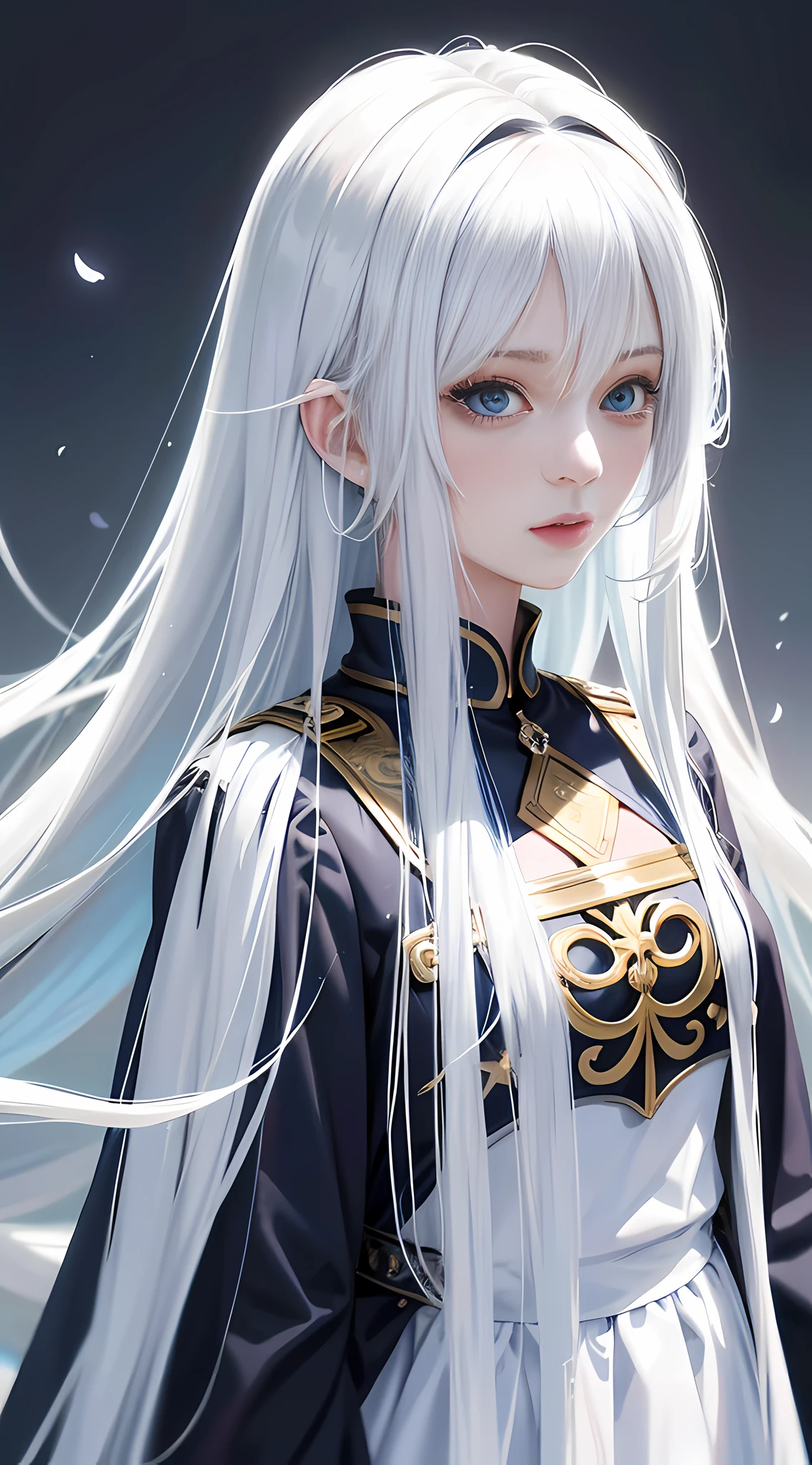 Anime girl staring at something with long white hair and blue eyes, anime drawing inspired by Knight Lee, pixiv, digital art, white hair girl, flowing white hair, perfect white hair girl, light through white hair, white hair, detailed portrait of anime girl, white hair god, anime girl profile, beautiful anime portrait, detailed digital anime art, aesthetic, realistic.