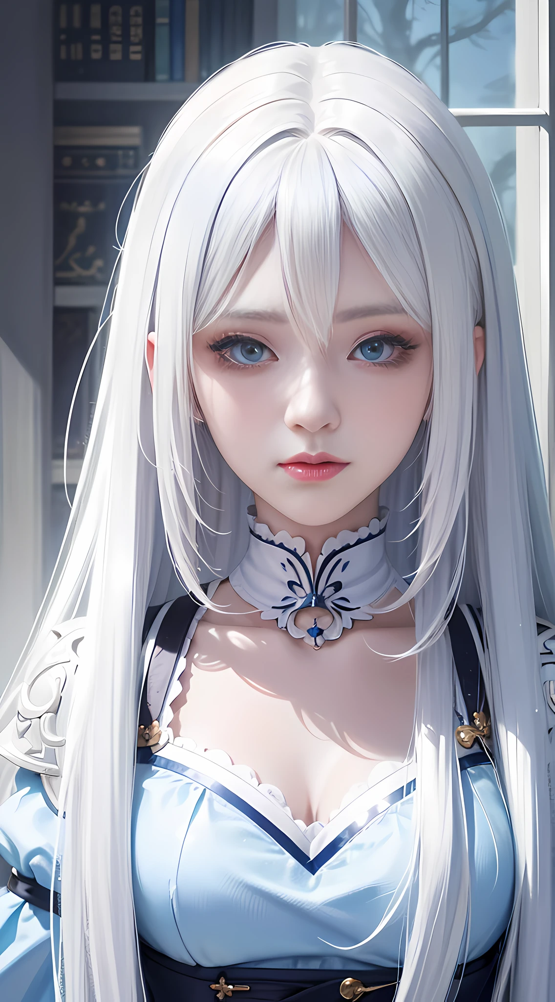 Anime girl staring at something with long white hair and blue eyes, anime drawing inspired by Knight Lee, pixiv, digital art, white hair girl, flowing white hair, perfect white hair girl, light through white hair, white hair, detailed portrait of anime girl, white hair god, anime girl profile, beautiful anime portrait, detailed digital anime art, aesthetic, realistic.