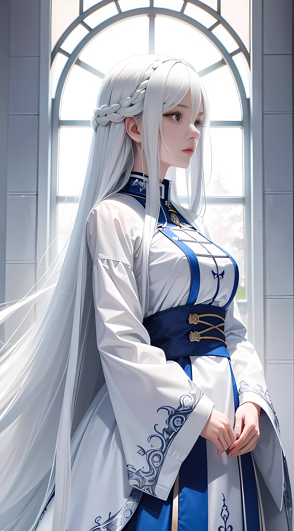Anime girl staring at something with long white hair and blue eyes, anime drawing inspired by Knight Lee, pixiv, digital art, white hair girl, flowing white hair, perfect white hair girl, light through white hair, white hair, detailed portrait of anime girl, white hair god, anime girl profile, beautiful anime portrait, detailed digital anime art, aesthetic, realistic.