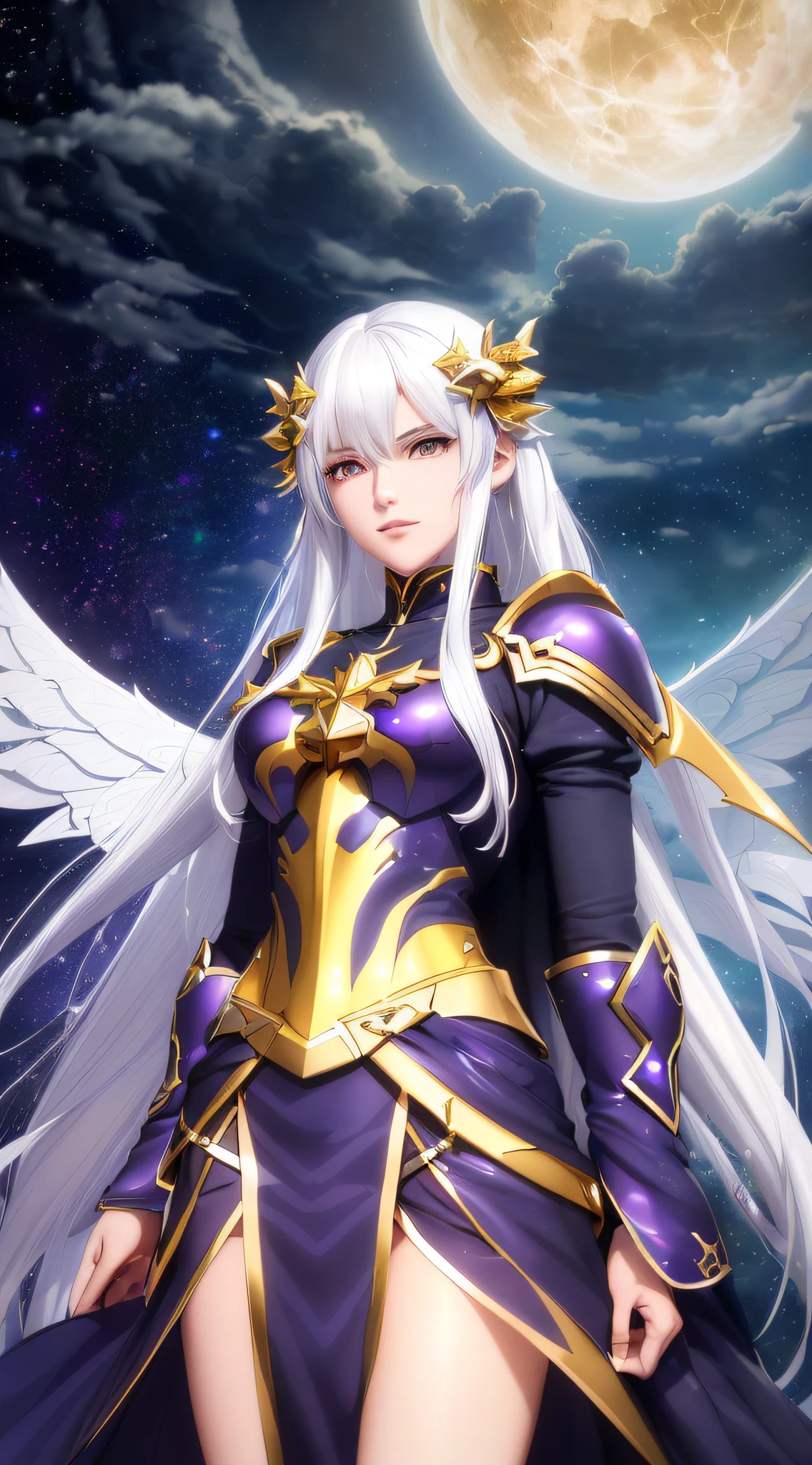 ((((Immortal CG))), highest quality, ultra-detailed, extremely detailed, anime goddess, anime role-playing, two swords, zodiac knights, white-haired god, character standing painting collection, 10,000 poses, unique jewel wings, half-human, half-beast cool temperament, dark cape with theme color (gold + silver: 1.2 + purple), the background shows the multiverse and mysterious clouds.