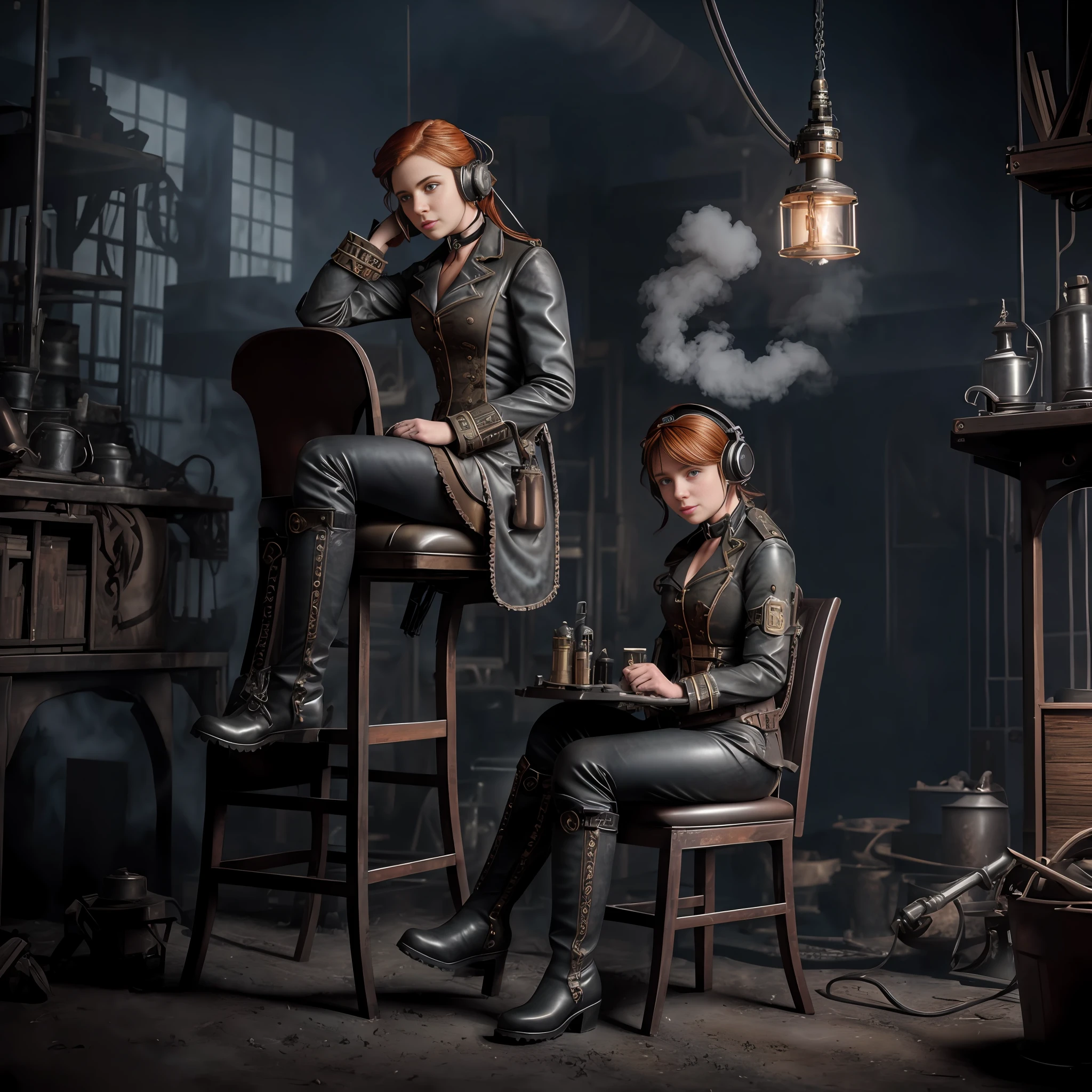 hyper photorealism, perfect anatomy, realistic character, very high contrast lighting, cinematic lighting, dramatic lighting, profile, shot from the back, shot from below, (((a girl on a chair is repairing a machine in the steamy smoky workshop))), (a 19 yo girl, (Ana de Armas:0.70), (redhead:1.1)), very cute and smiley, (perfect eyes:1.1), photorealistic wavy hair, a girl in a steampunk jumpsuit in light gray color, intercom headset, steampunk choker, long leather boots, perfect detailed face, detailed symmetric green eyes with circular iris, fixing a steam engine in the steampunk garage filled with steam and smoke, cogs and gears, steamy background with lots of steam pipes and steam valves and pressure gauges and gears, intricate background, very highly detailed costume, very highly detailed background, steampunk fantasy style, steampunk , steampunk aesthetic, steamy,