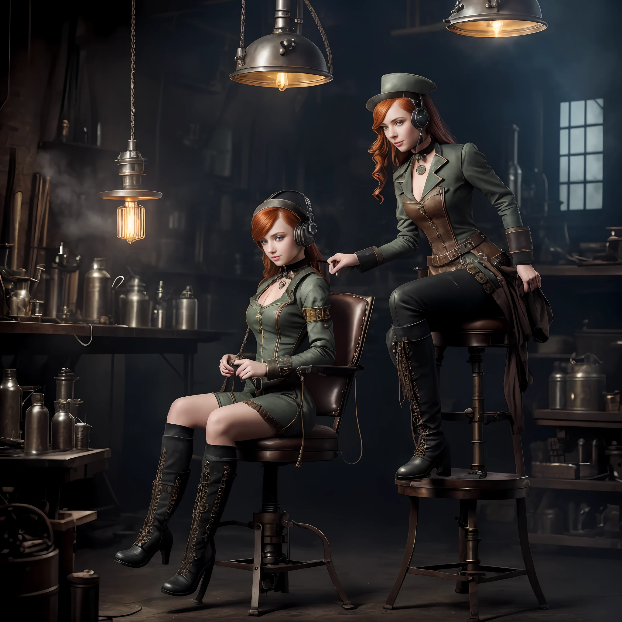 hyper photorealism, perfect anatomy, realistic character, very high contrast lighting, cinematic lighting, dramatic lighting, profile, shot from the back, shot from below, (((a girl on a chair is repairing a machine in the steamy smoky workshop))), (a 19 yo girl, (Ana de Armas:0.70), (redhead:1.1)), very cute and smiley, (perfect eyes:1.1), photorealistic wavy hair, a girl in a steampunk jumpsuit in light gray color, intercom headset, steampunk choker, long leather boots, perfect detailed face, detailed symmetric green eyes with circular iris, fixing a steam engine in the steampunk garage filled with steam and smoke, cogs and gears, steamy background with lots of steam pipes and steam valves and pressure gauges and gears, intricate background, very highly detailed costume, very highly detailed background, steampunk fantasy style, steampunk , steampunk aesthetic, steamy,