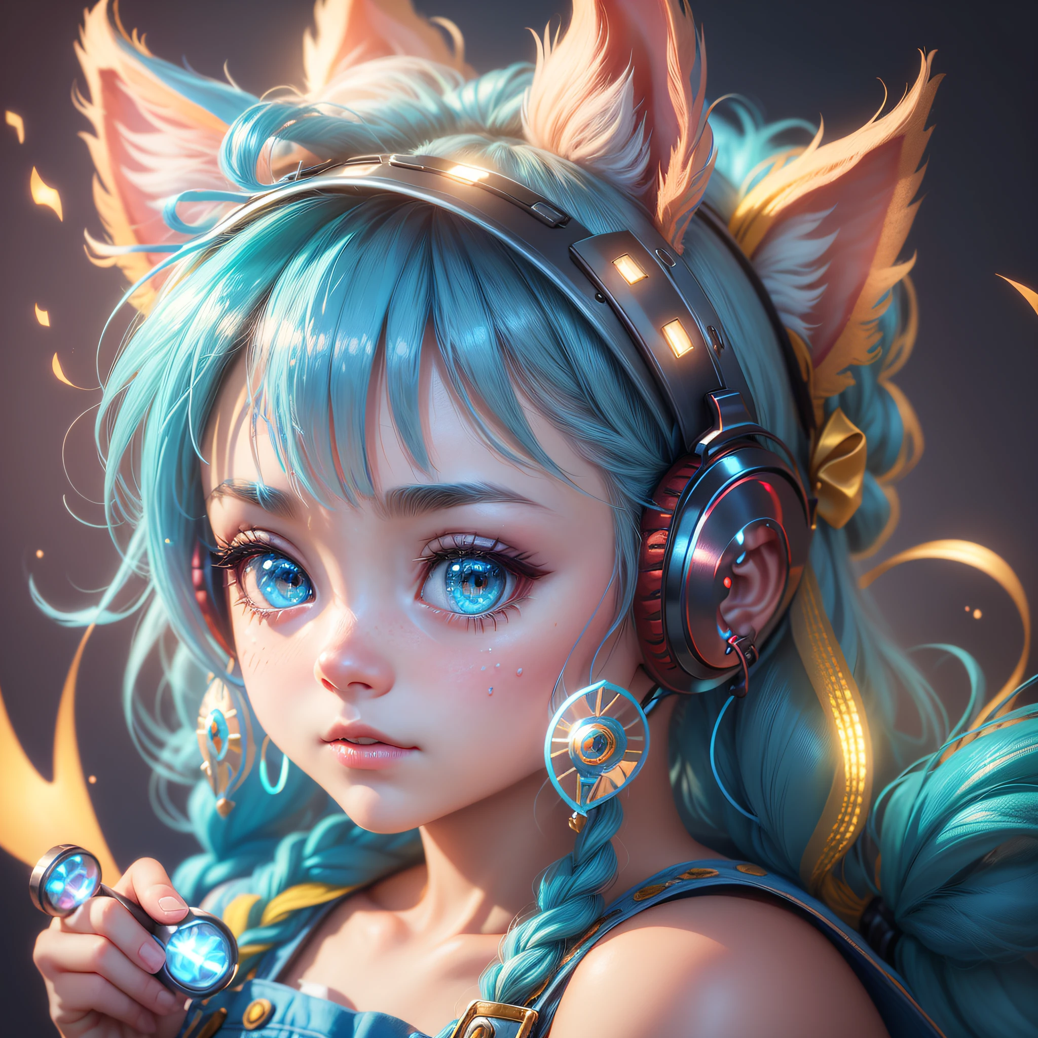 (Extremely detailed CG Unity 8k wallpaper, masterpiece, best quality, super detailed), (best lighting, best shadow, extremely delicate beauty), floating, sparkling eyes
	
[(Headbands, earrings, (cyan: 1.5|red: 1.2) braided pig's tail hair with kitten headphones, (light yellow: 1.3) overalls) :: 0.8] --auto --s2