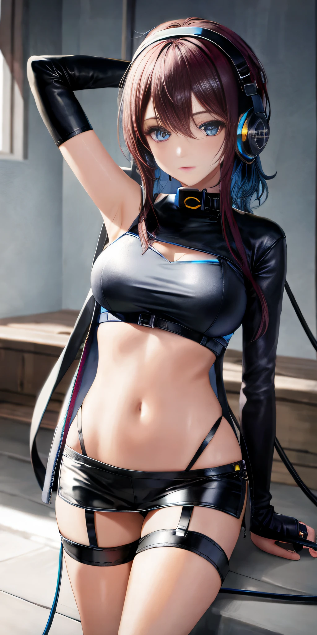 (leather clothes and pants, slim legs, versatile fashion outfit, enchanting blue hair, deep blue eyes, black clothes, silver headphones)