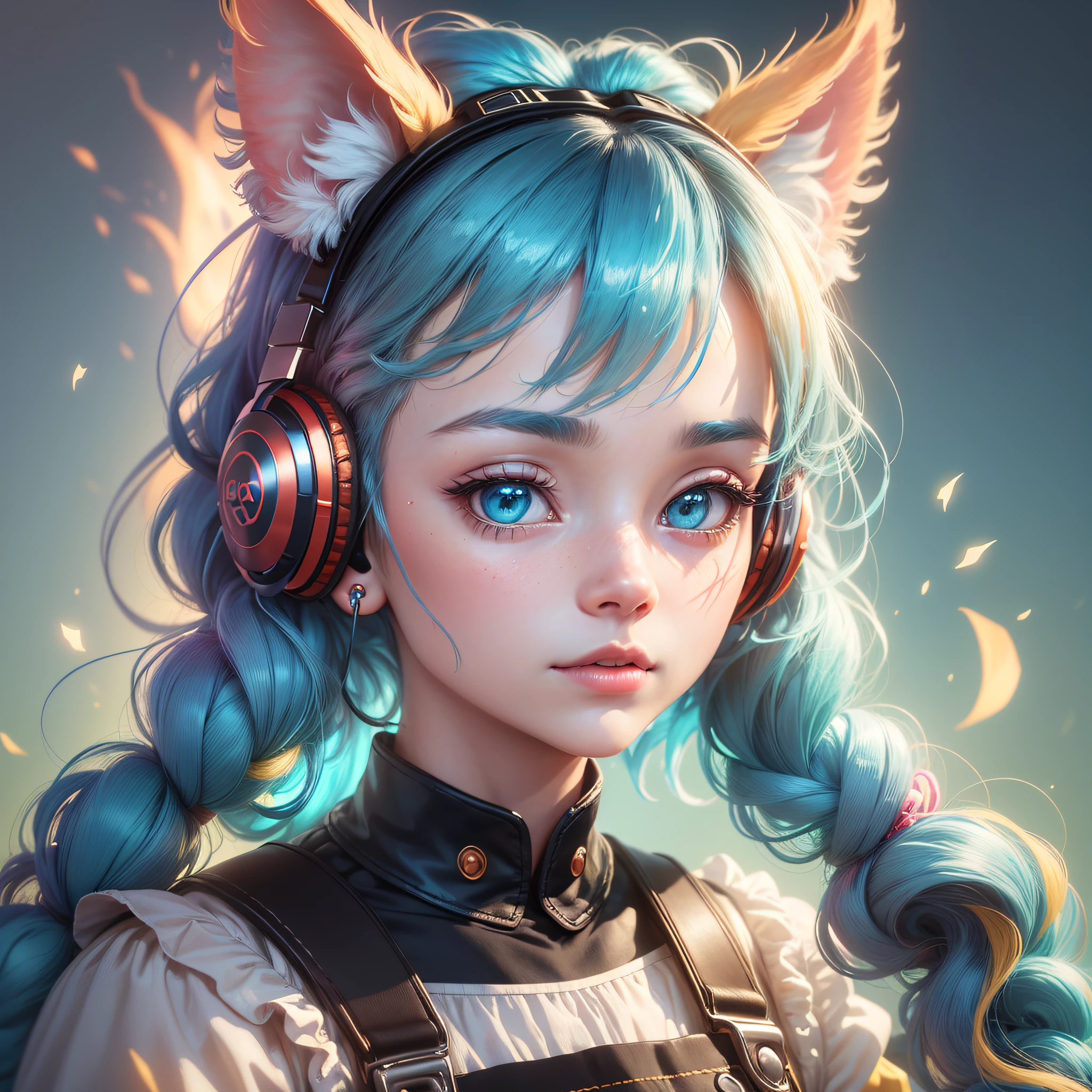 (Extremely detailed CG Unity 8k wallpaper, masterpiece, best quality, super detailed), (best lighting, best shadow, extremely delicate beauty), floating, sparkling eyes
	
[(Headbands, earrings, (cyan: 1.5|red: 1.2) braided pig's tail hair with kitten headphones, (light yellow: 1.3) overalls) :: 0.8] --auto --s2