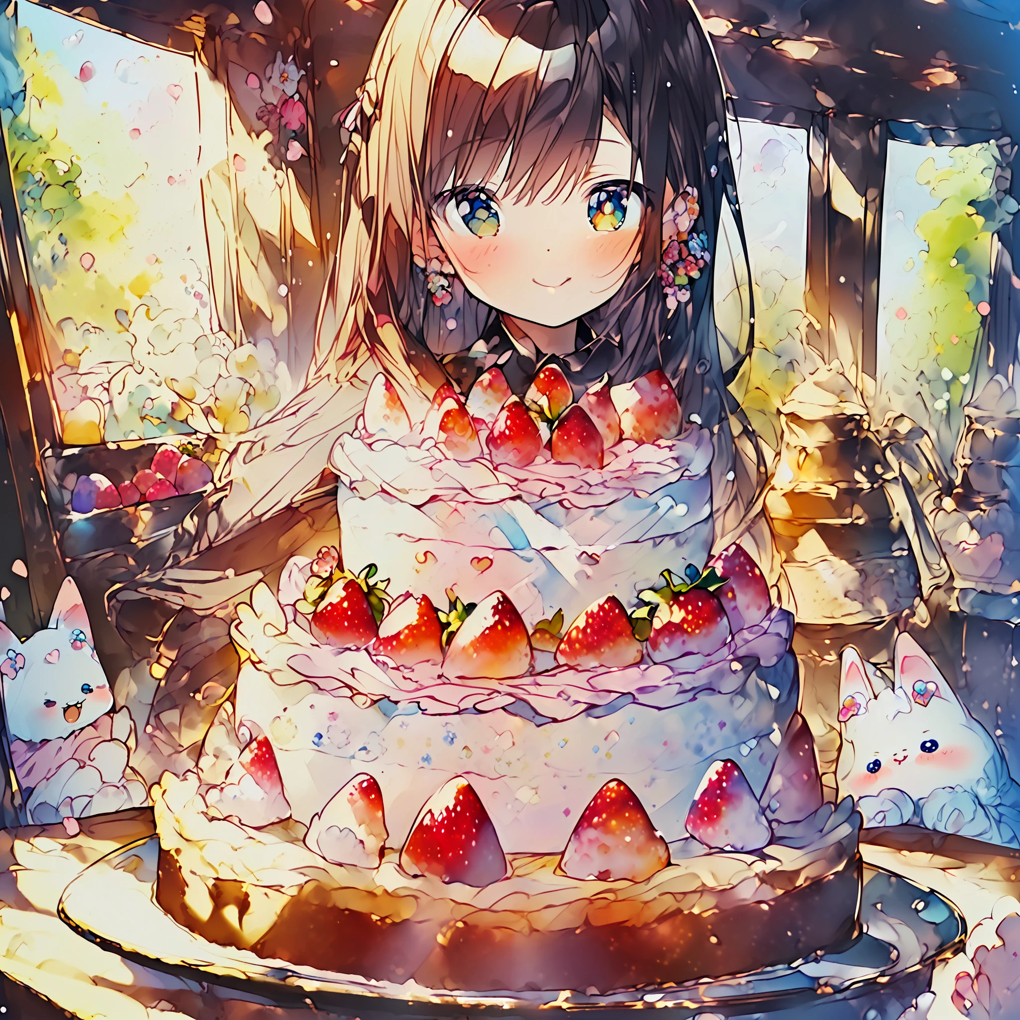 (masterpiece, top quality, best quality, official art, beautiful and aesthetic,kawaii illustration,cute illustration,:1.5), strawberry, blueberry, cake, coffee, breakfast, kawaii, pastel colors , fluffy , fluffy kitten, happy, soft, warm,