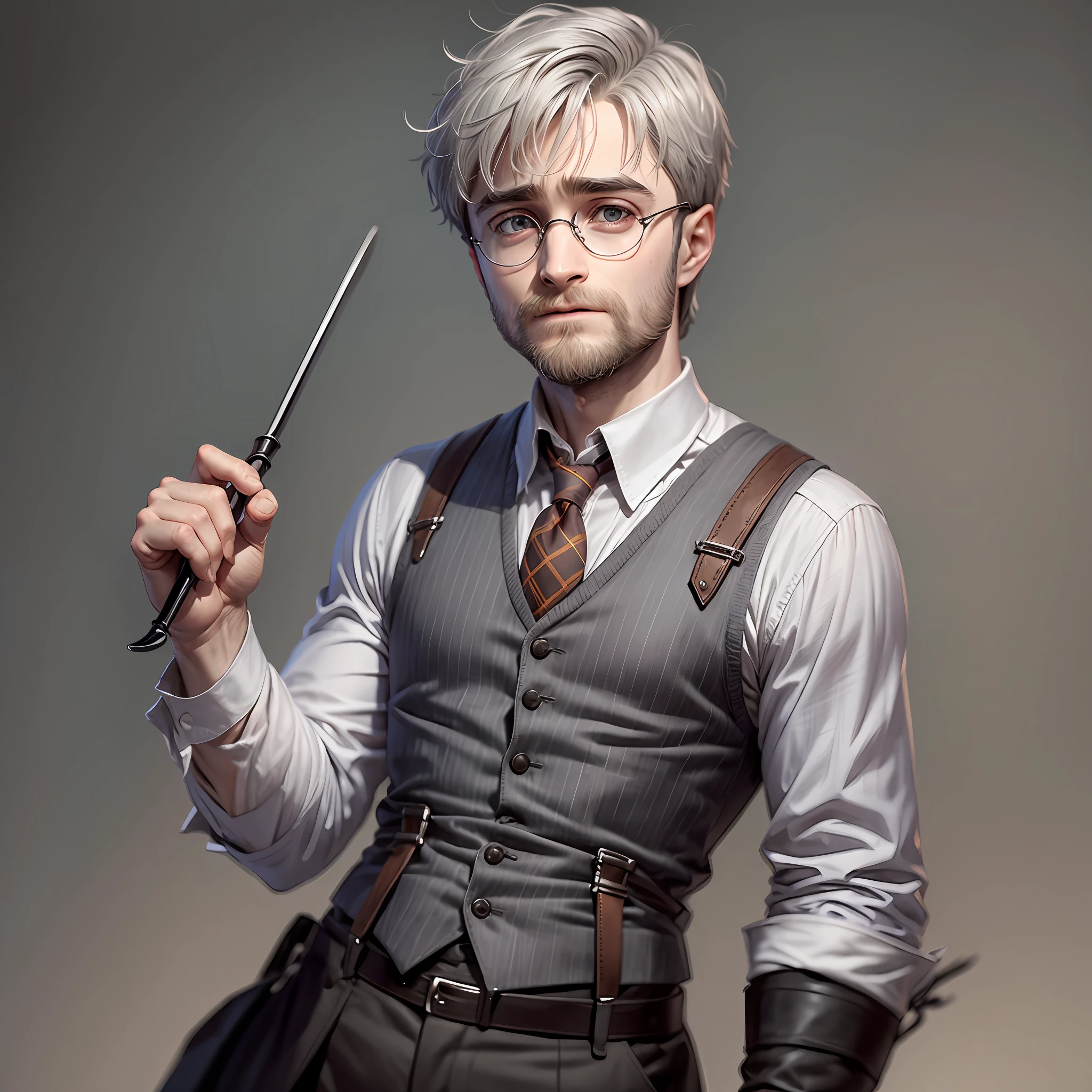 Daniel Radcliffe, gray hair, wrinkles, beard, cane, Harry Potter, scar on forehead, short hair, suspenders, suit