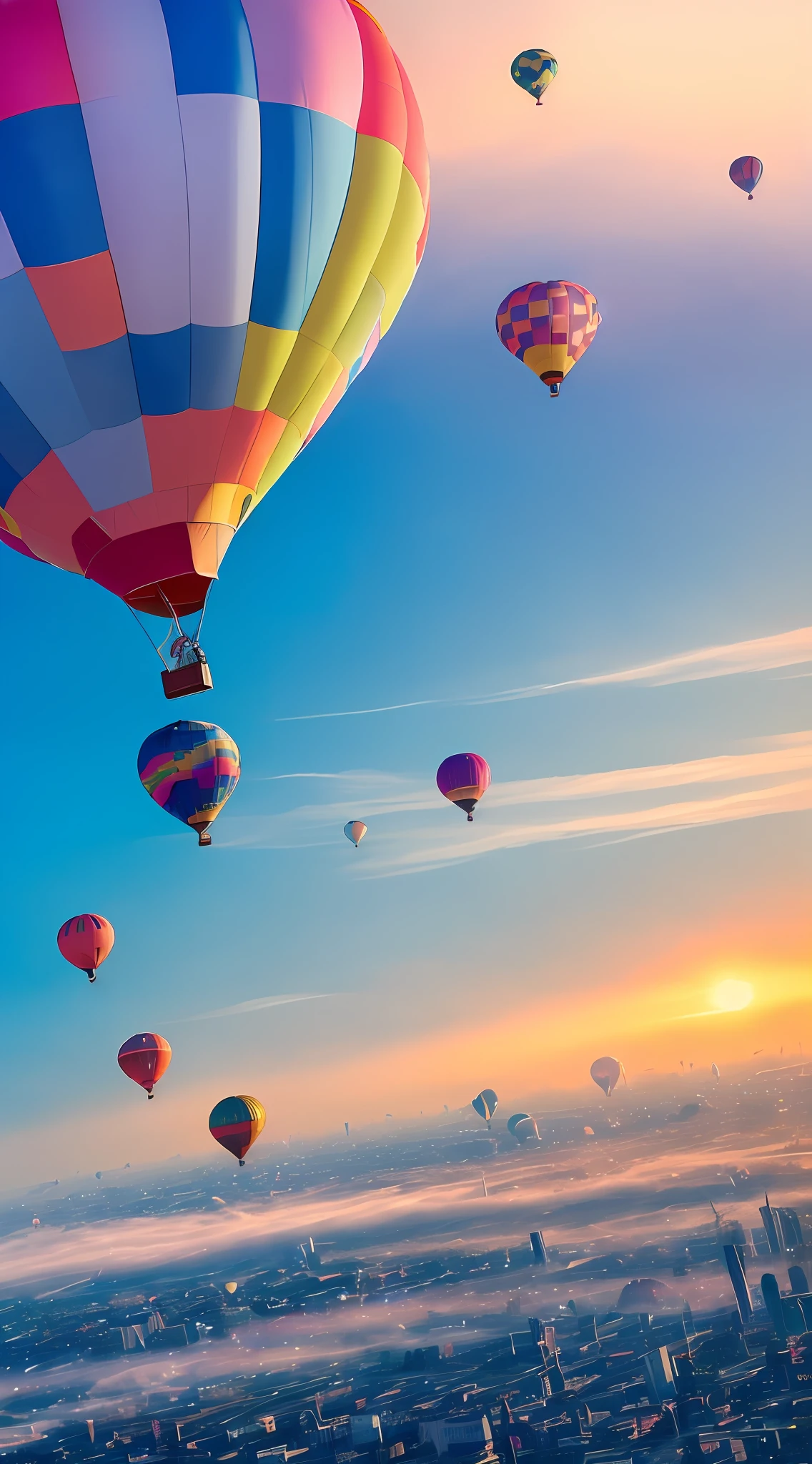 ((🎈 City in the Sky composed of hot air balloons)), artwork-quality quality, particle rendering, ({vivid} high saturation), ({floating} suspended), ({water} water surface) scenes, under ({🌈 ☀️ 🔮 sunlight} sunlight), (🌊 🌫️{fog} fog) surrounded by extremely distant perspectives. --v6