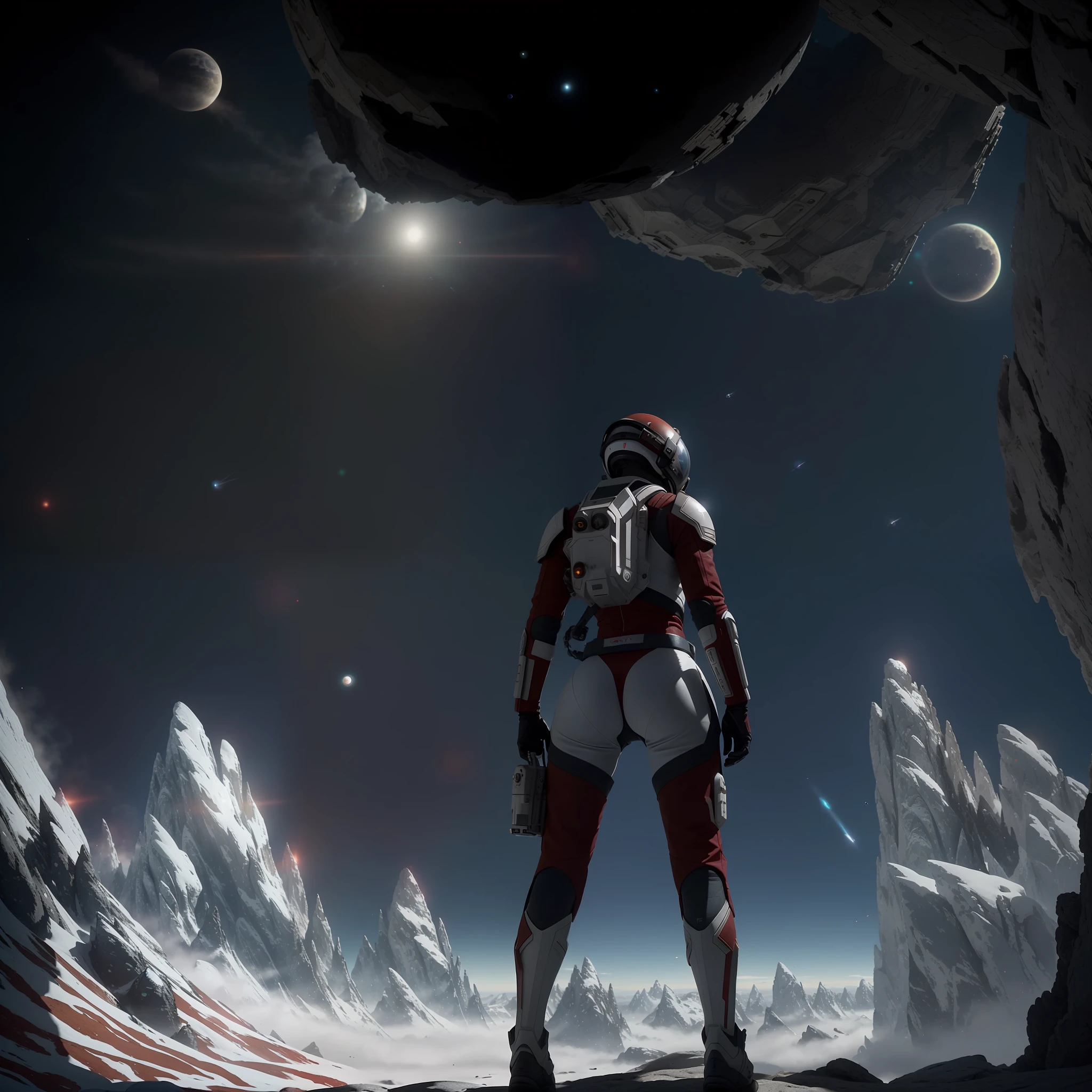 rear angle, Highly detailed RAW color Photo, Rear Angle, Full Body, of (female space soldier, wearing red and white space suit, helmet, tined face shield, rebreather, accentuated booty), outdoors, (looking up at advanced alien structure, on alien planet), toned body, big butt, (sci-fi), (mountains:1.1), (lush green vegetation), (two moons in sky:0.8), (highly detailed, hyperdetailed, intricate), ((DAY TIME)), (lens flare:0.7), (bloom:0.7), particle effects, raytracing, cinematic lighting, shallow depth of field, photographed on a Sony a9 II, 50mm wide angle lens, sharp focus, cinematic film still from Gravity 2013, from behind