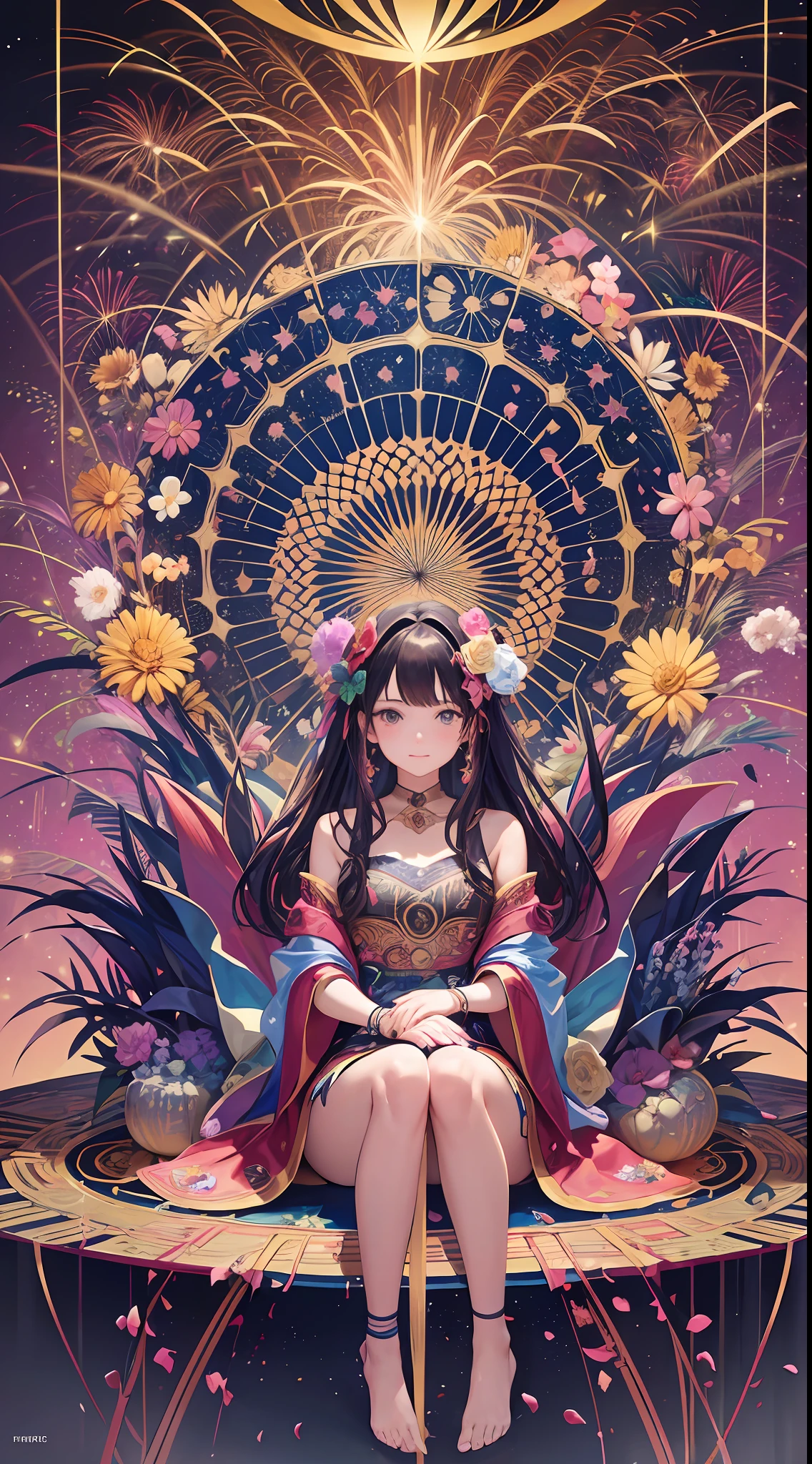 High resolution, high image quality, (maximalism: 1.8) portrait, 1 girl, thank you, bowing your head, flower dance, petal fireworks, diffuse reflection light, 2D illustration, asking figure, full body, 9th figure, sitting upright, geometric pattern,