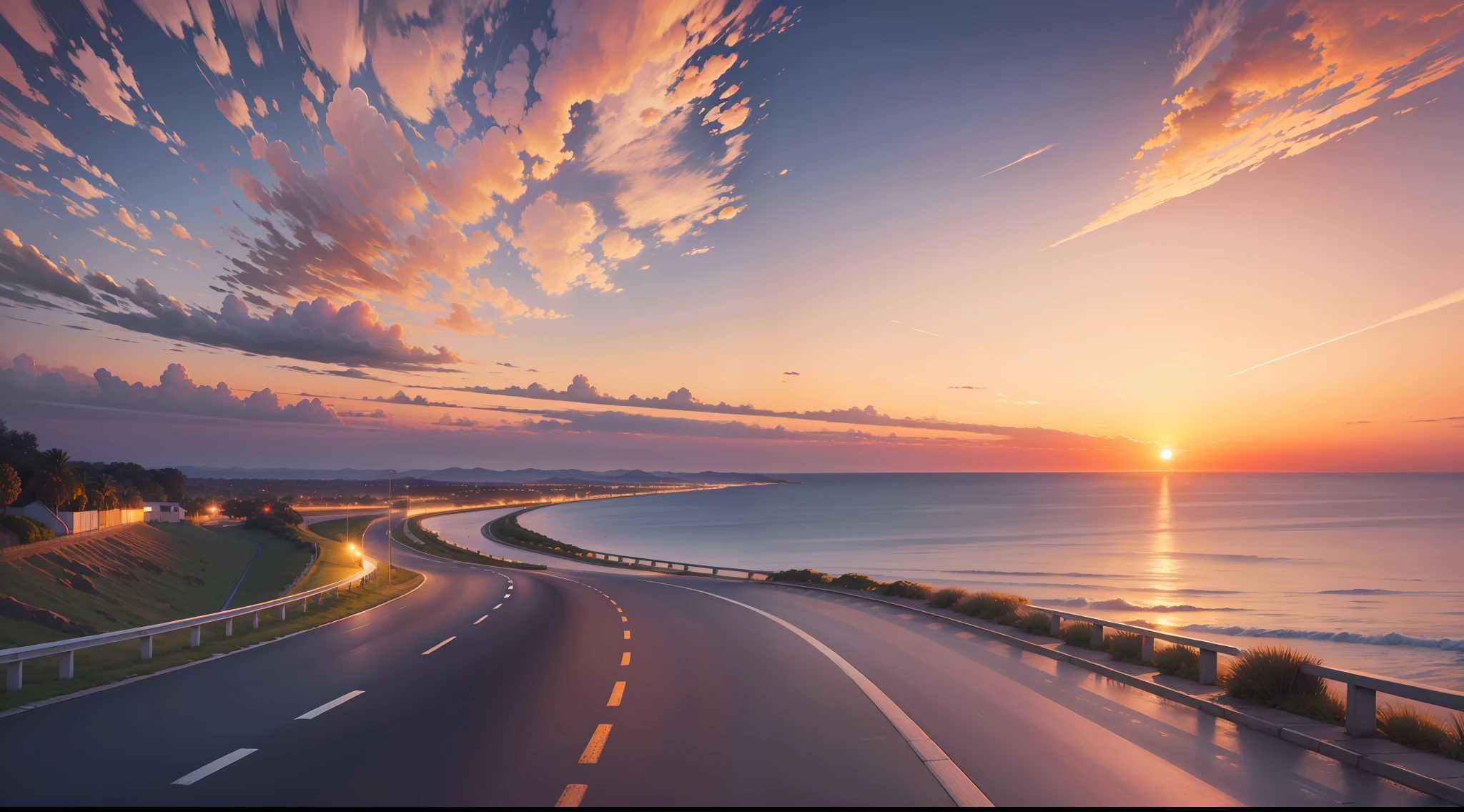 Masterpiece, high quality, super detailed, high resolution road, twilight, pink sky, orange clouds, big sun, beautiful horizon, vast ocean, island of love.