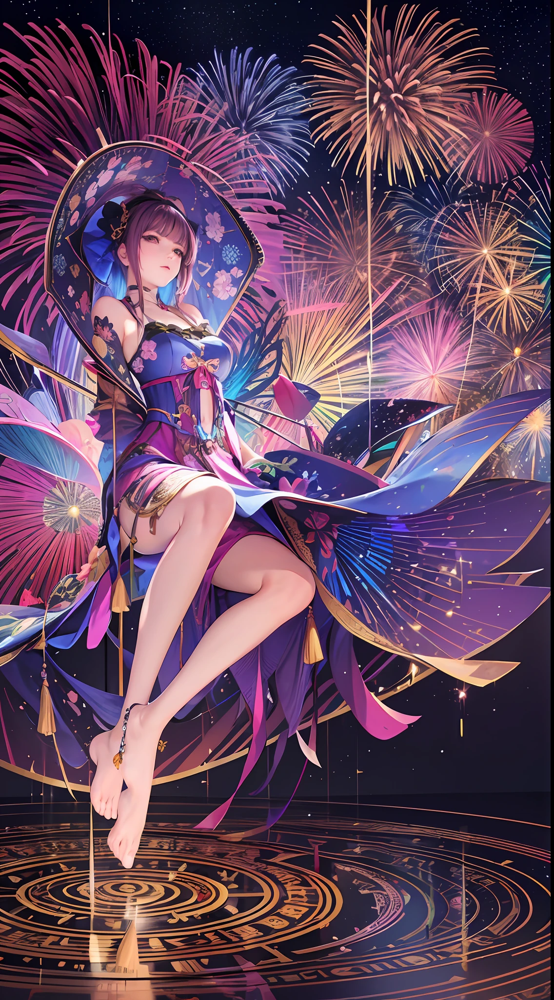 High resolution, high image quality, (maximalism: 1.8) portrait, 1 girl, thank you, bowing your head, flower dance, petal fireworks, diffuse reflection light, 2D illustration, asking figure, full body, 9th figure, sitting upright, geometric pattern,