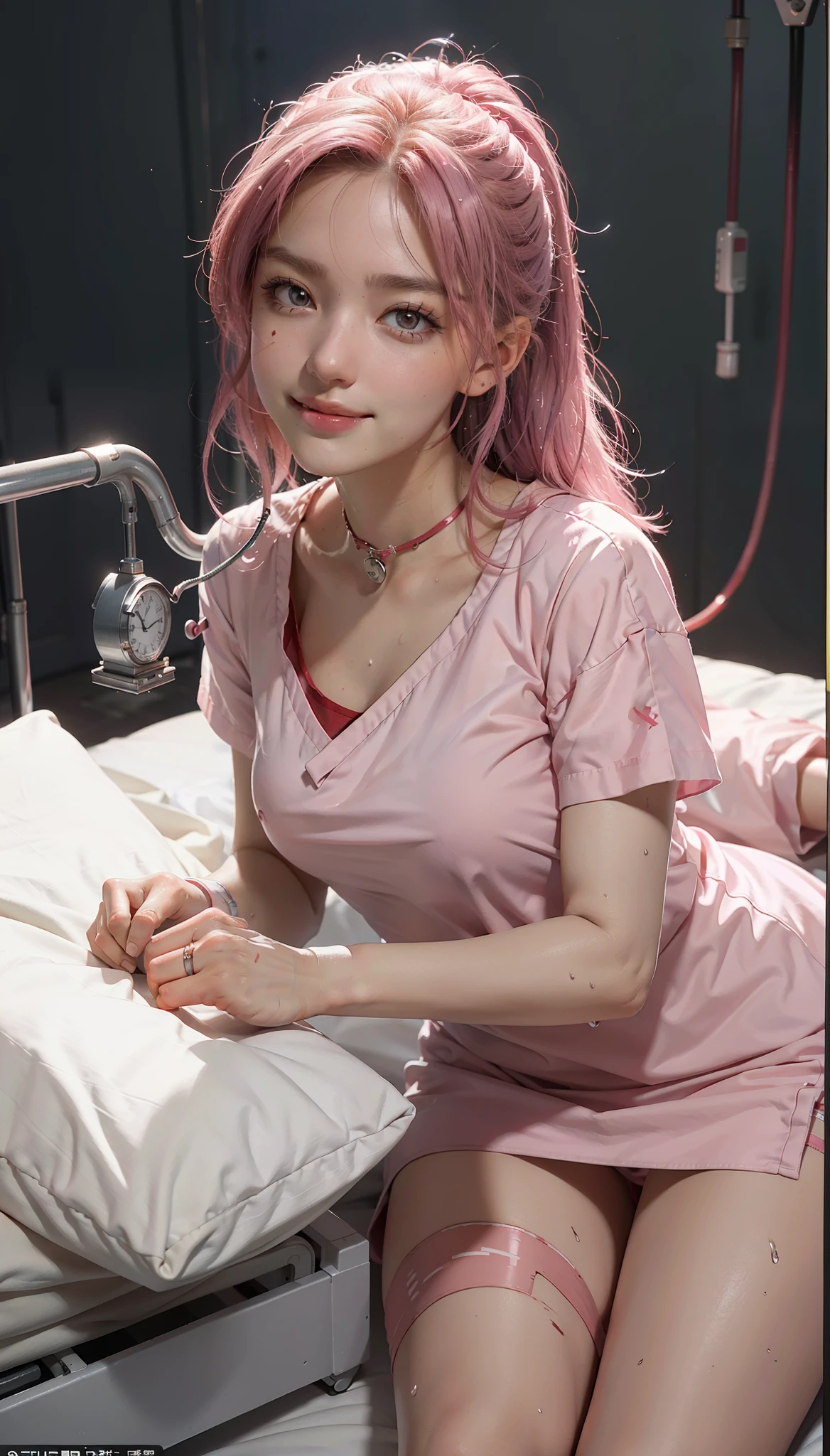 Best Quality, (Photorealism: 1.4), Masterpiece, Ultra High Resolution, Hospital Scene, Hospital Bed, Face Enhancement, Facial Highlight, Pink Nurse Uniform, Little Nurse, Bandages on Hands and Feet, Blood Stains, Lantern, 1girl, Beautiful Girl, Sickness, Smile, Character Focus, Wet Hair, Slave Neck Ring,