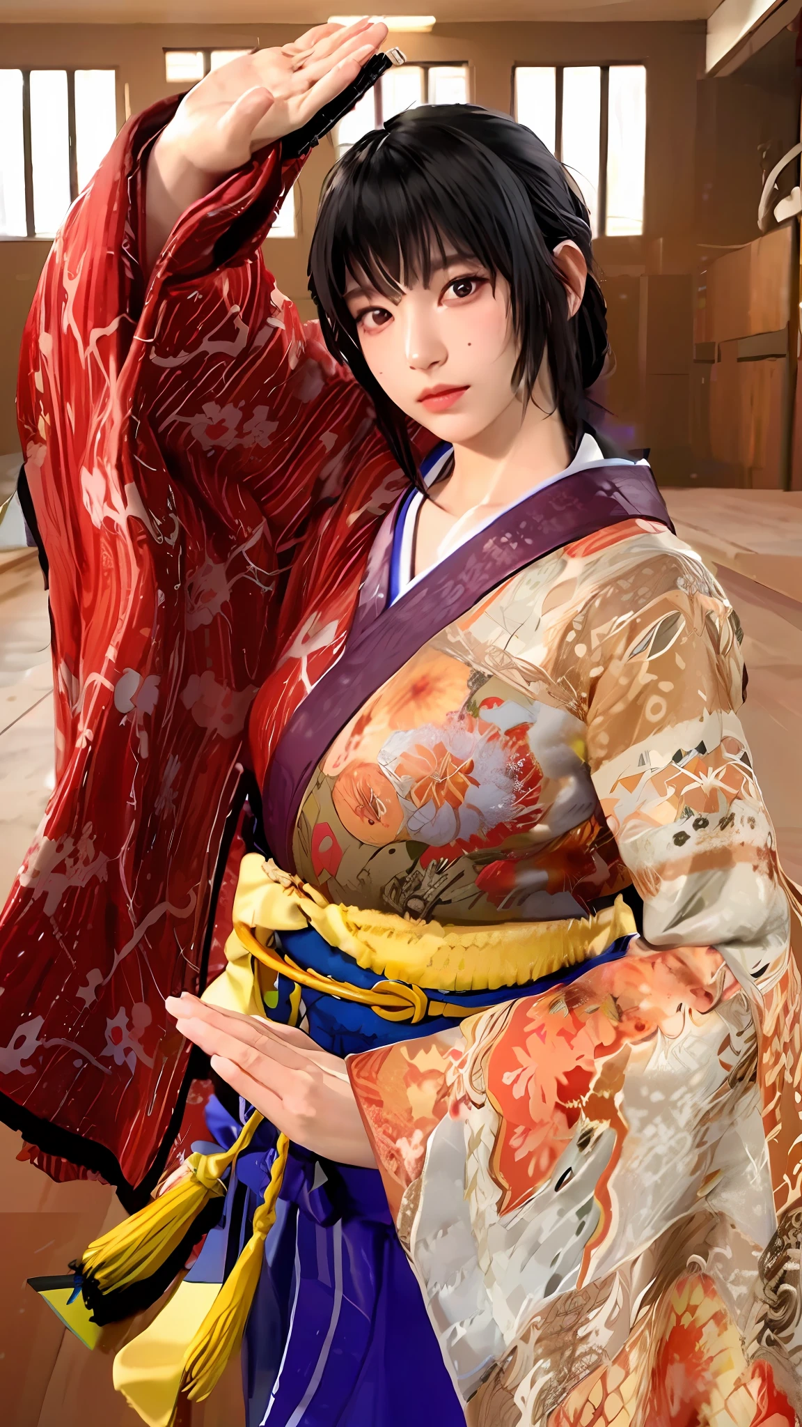 photorealistic, high resolution, 1 girl, gray hair, korean, heterochromic eyes, small moles under the eyes,