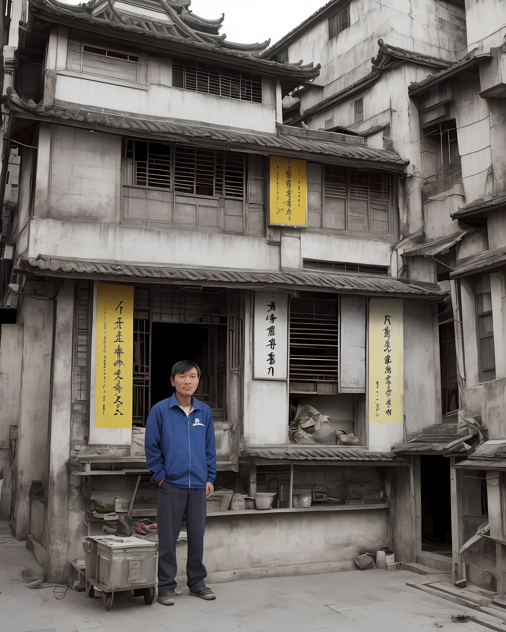 An employee of a Chinese building, living on the street, with a haggard face