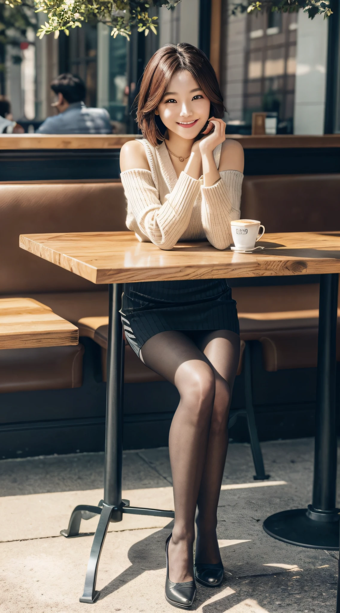 8k uhd, dslr,film grain, Fujifilm XT3,(best quality:1.3), (masterpiece:1.1), high resolution, cinematic light, intricate details, (photorealistic),outside,beautiful outside,sunny,
korean girl,(in cafe:1.5) , dimples, bobcut, looking at viewer, detailed trees, ribbons, bowties, bare shoulders, ribbed sweater,
pencil skirt, high-waist skirt, head rest, sitting, indoors,
necklace,black pantyhose, sheet transportation sweater, (smile),(full body:1.6),slender,