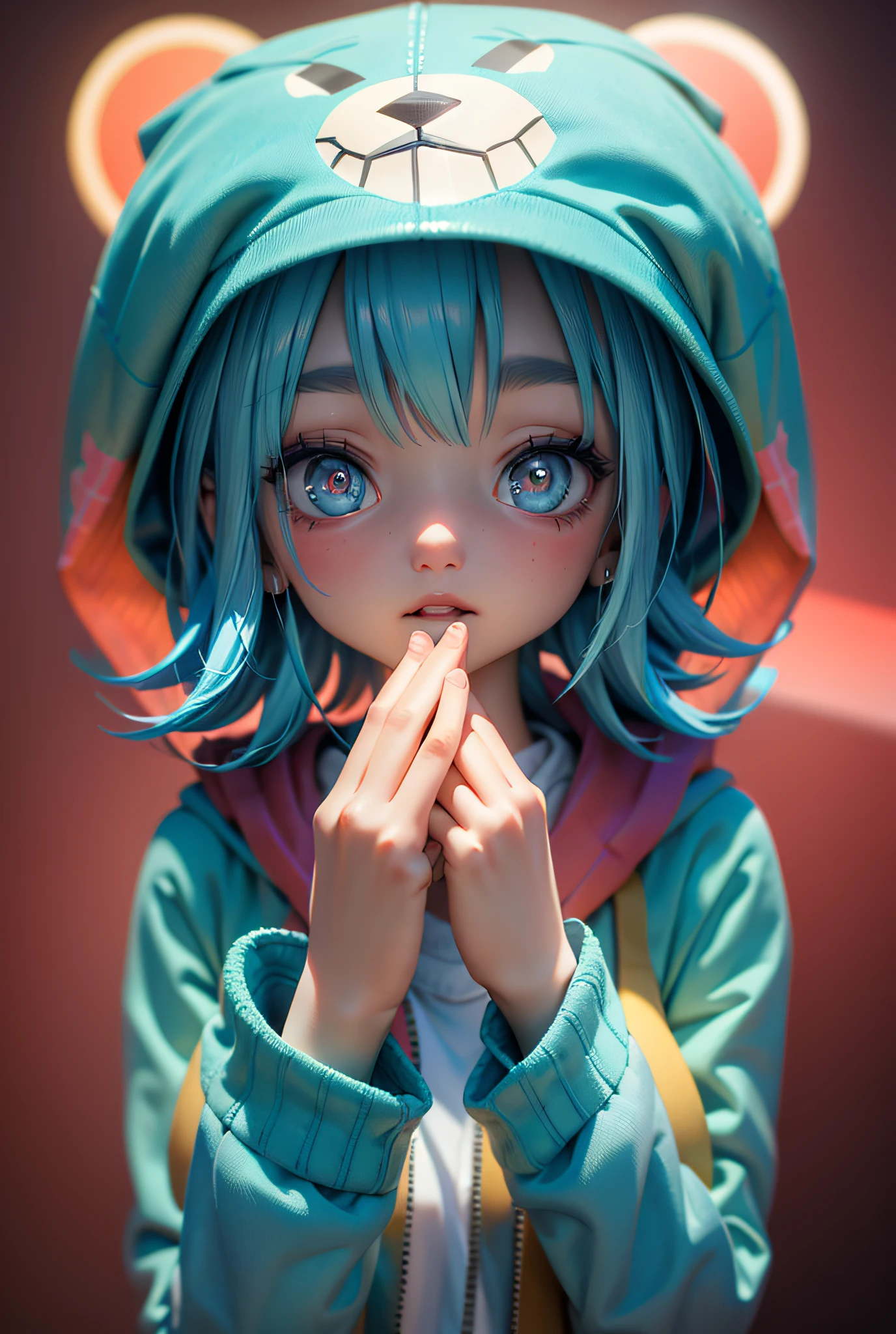 Masterpiece, best quality, official art, 8k wallpaper, very detailed, illustration, 1 girl, sky blue hair, hooded sweatshirt, bear motif on hat