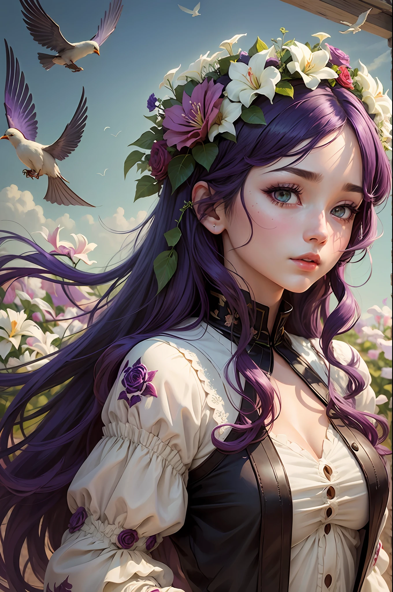 Anime girl as a Botticelli model, dark purple hair, dark green eyes, burgundy roses, white lillies, birds of clothing --auto --s2