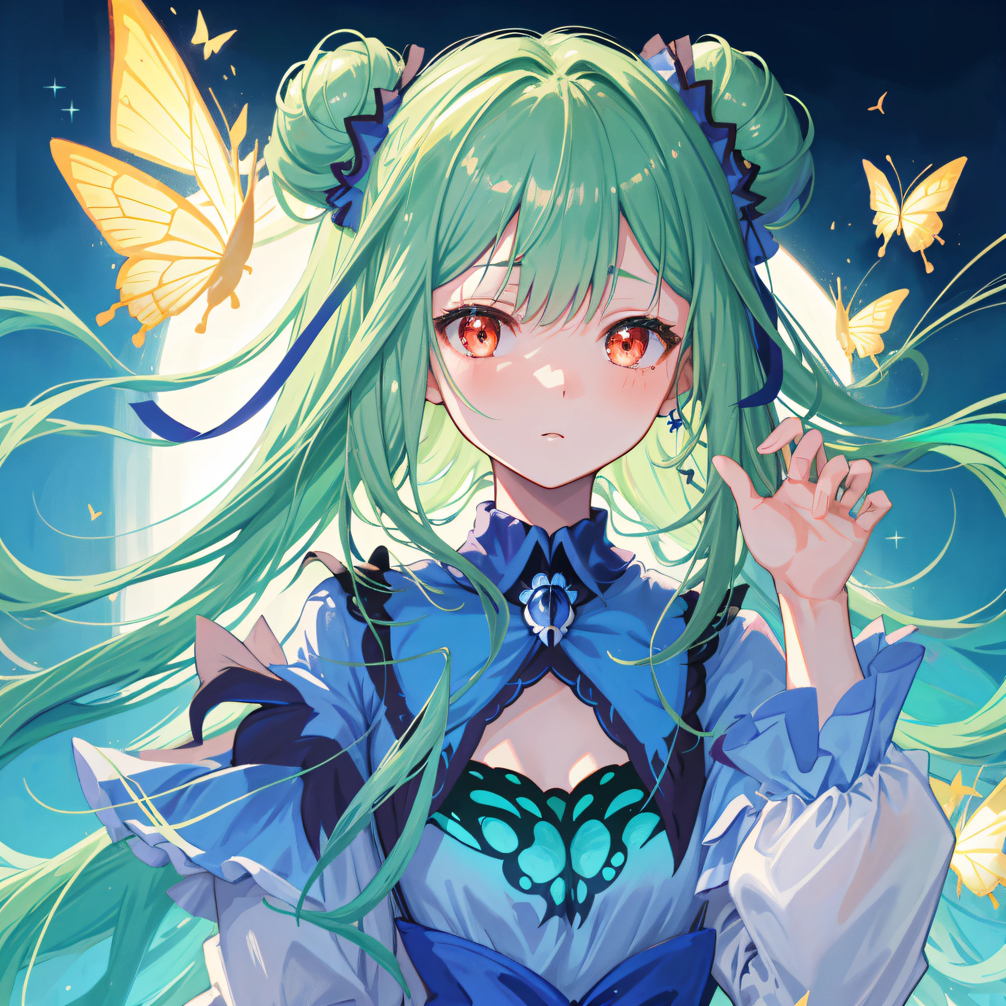 (人物: Uruha Rushia), tiny_chest, flat_chest, double bun, (masterpiece:1.2), 1girl, solo, best quality, shiny skin, hyper detailed ultra high res, cute, looking at viewer, extremely detailed wallpaper, close up portrait, with a butterfly,