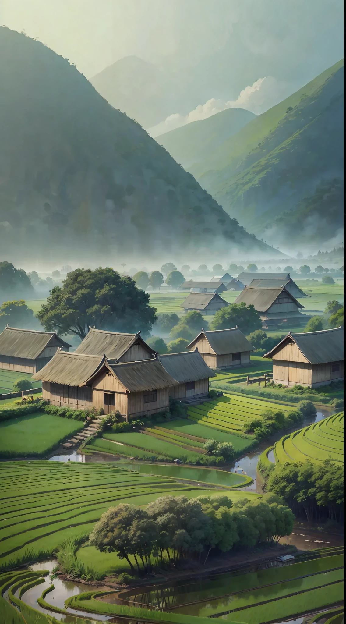 There is a man walking through a rice field, in the background is a hut with rice fields, rice fields, neat rice seedlings in the fields, misty rain, villages, agriculture, in the tranquil landscape, misty weather, in the vast peaceful landscape, in the early morning, in the morning mist, behind a small village, mist, Japanese countryside, thatched roofs --auto --v 6 --s2