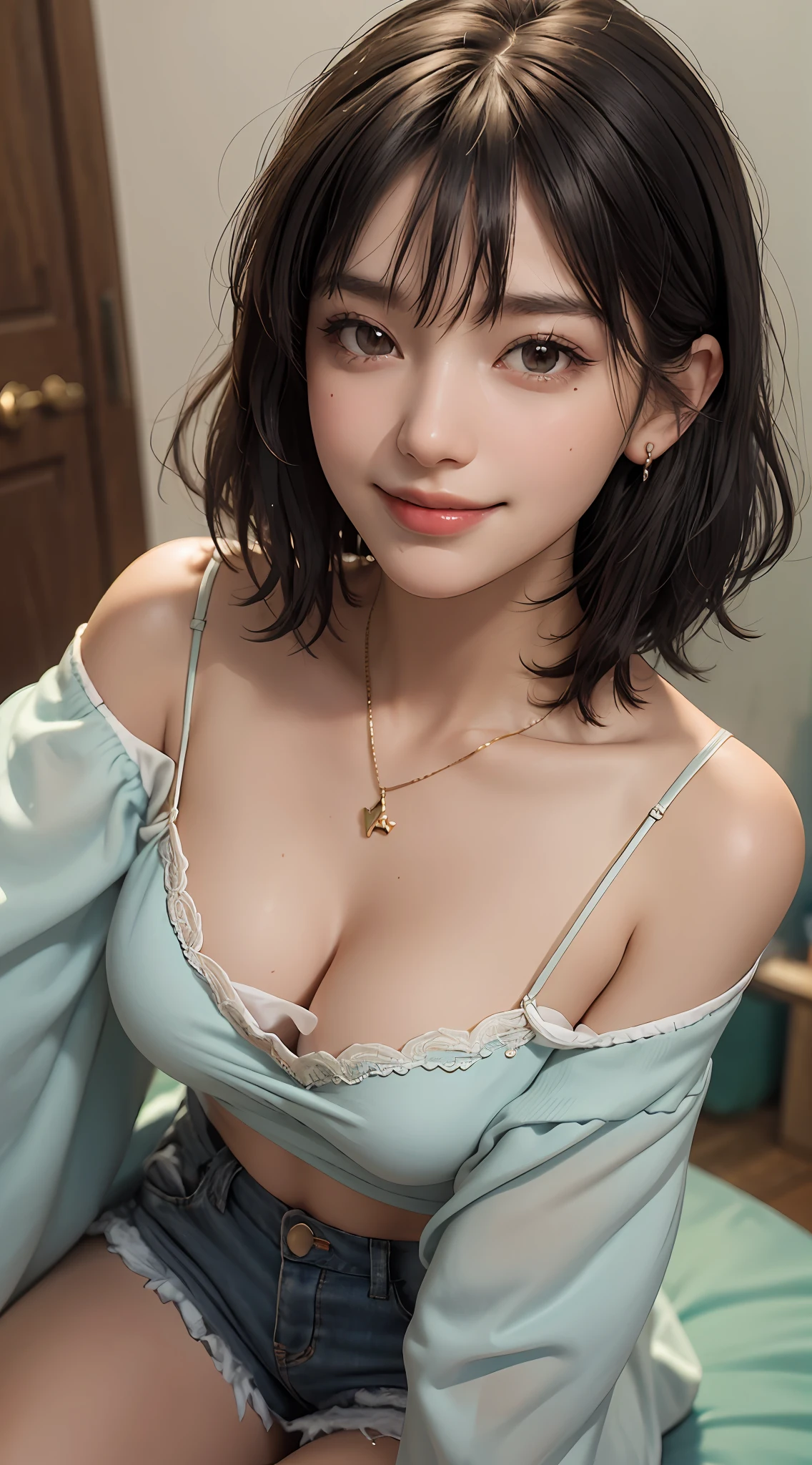(top quality, 8k, masterpiece: 1.3), pretty woman with perfect figure: 1.4, dark brown hair, big, wearing pendants, torn shorts, sleeping in bedroom, very detailed face and skin, detailed eyes, double eyelids, top quality, masterpiece, (photorealistic: 1.4), one woman, golden ratio, high angle shot, upper eye care, low angle shot, perfect face, beautiful figure, cute face, face close-up, zoom in on face, short bob, short hair, smile from different angles, smile, gloss, highlight, gloss, glossy on skin, glossy on skin, wet skin, wet, bangs, cute smile, bust, off-shoulder, refreshing charm, elegant, perfect hands, smile from angle, smile, shiny, highlight, glossy skin, bangs, bust, big, Warm off-shoulder, refreshing charm, ears out, gaze to the camera, poses at different angles