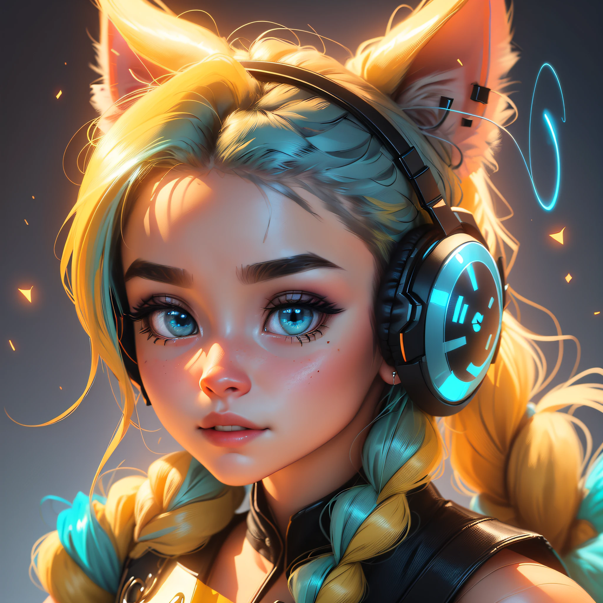 (Extremely detailed CG Unity 8k wallpaper, masterpiece, best quality, super detailed), (best lighting, best shadow, extremely delicate beauty), floating, sparkling eyes
	
[(Headbands, earrings, (cyan: 1.5|red: 1.2) braided pig's tail hair with kitten headphones, (light yellow: 1.3) overalls) :: 0.8] --auto --s2