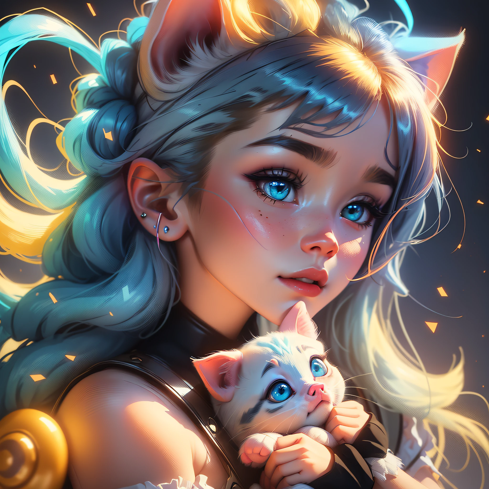 (Extremely detailed CG Unity 8k wallpaper, masterpiece, best quality, super detailed), (best lighting, best shadow, extremely delicate beauty), floating, sparkling eyes
	
[(Headbands, earrings, (cyan: 1.5|red: 1.2) braided pig's tail hair with kitten headphones, (light yellow: 1.3) overalls) :: 0.8] --auto --s2