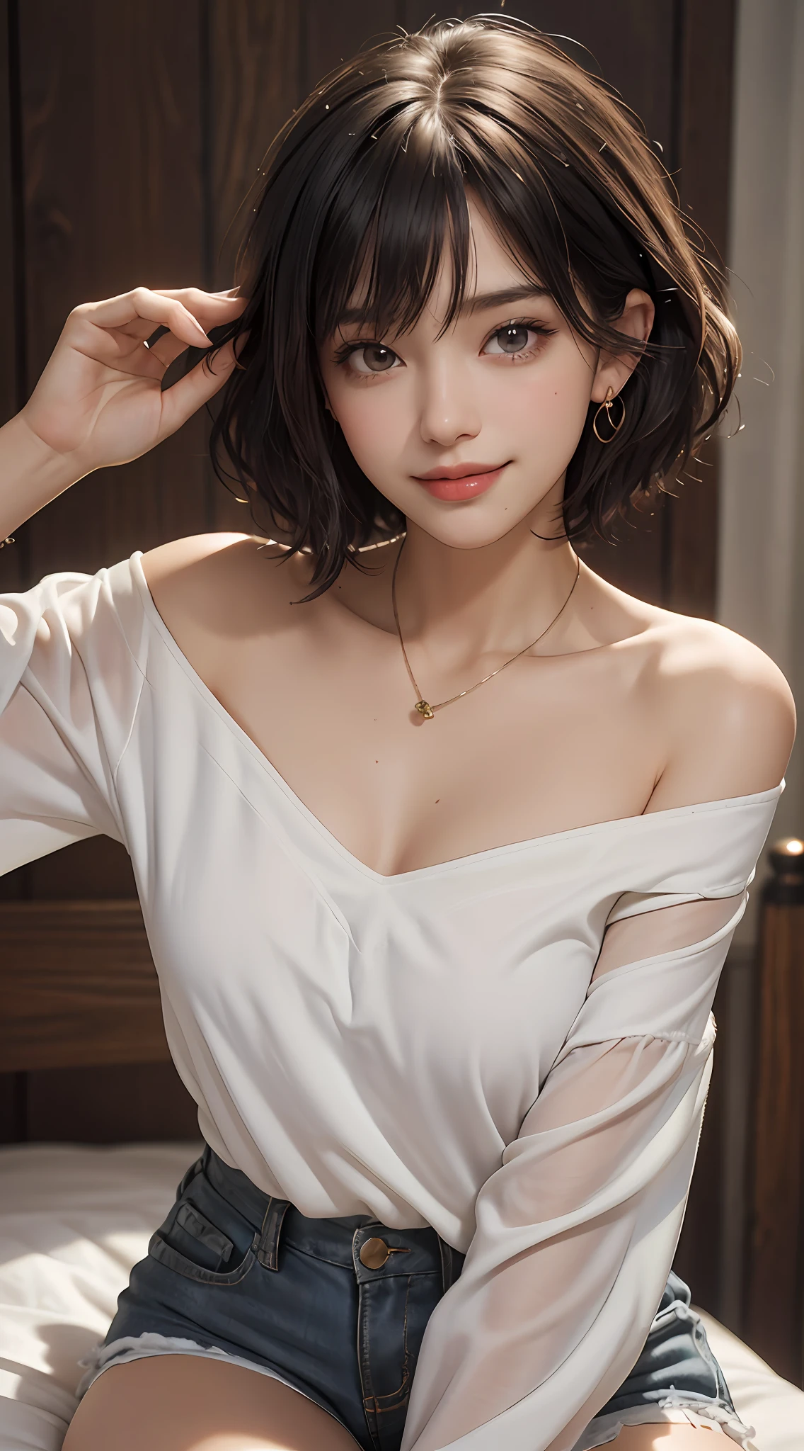 (top quality, 8k, masterpiece: 1.3), pretty woman with perfect figure: 1.4, dark brown hair, big, wearing pendants, torn shorts, sleeping in bedroom, very detailed face and skin, detailed eyes, double eyelids, top quality, masterpiece, (photorealistic: 1.4), one woman, golden ratio, high angle shot, upper eye care, low angle shot, perfect face, beautiful figure, cute face, face close-up, zoom in on face, short bob, short hair, smile from different angles, smile, gloss, highlight, gloss, glossy on skin, glossy on skin, wet skin, wet, bangs, cute smile, bust, off-shoulder, refreshing charm, elegant, perfect hands, smile from angle, smile, shiny, highlight, glossy skin, bangs, bust, big, Warm off-shoulder, refreshing charm, ears out, gaze to the camera, poses at different angles