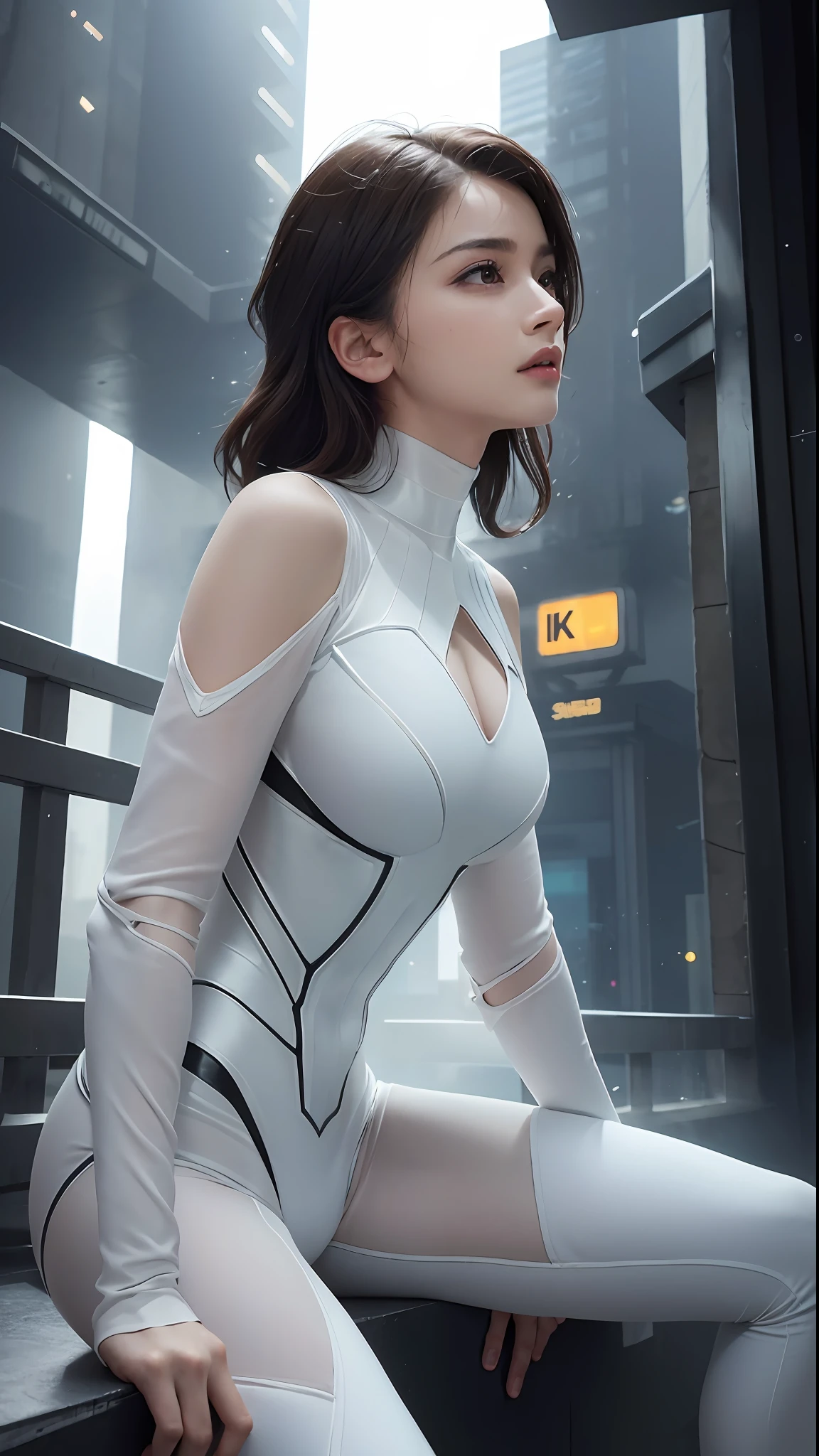 RAW, Masterpiece, Super Fine Photo,, Best Quality, Ultra High Resolution, Photorealistic Photorealism, Sunlight, Full Body Portrait, Amazing Beauty,,Dynamic Pose,Delicate Face,Vibrant Eyes,(From the side), She Wears Futuristic White Spider-Man costume, Very Detailed Background, Detailed Face, Detailed Complex Busy Background, Messy, Gorgeous, Milky White, Highly Detailed Skin, Realistic Skin Details, Visible Pores, Sharp Focus, Volumetric Fog, 8K UHD, DSLR, High Quality, Film grain, fair skin, photorealism, lomography, sprawling metropolis in futuristic dystopia, seen from below, translucent