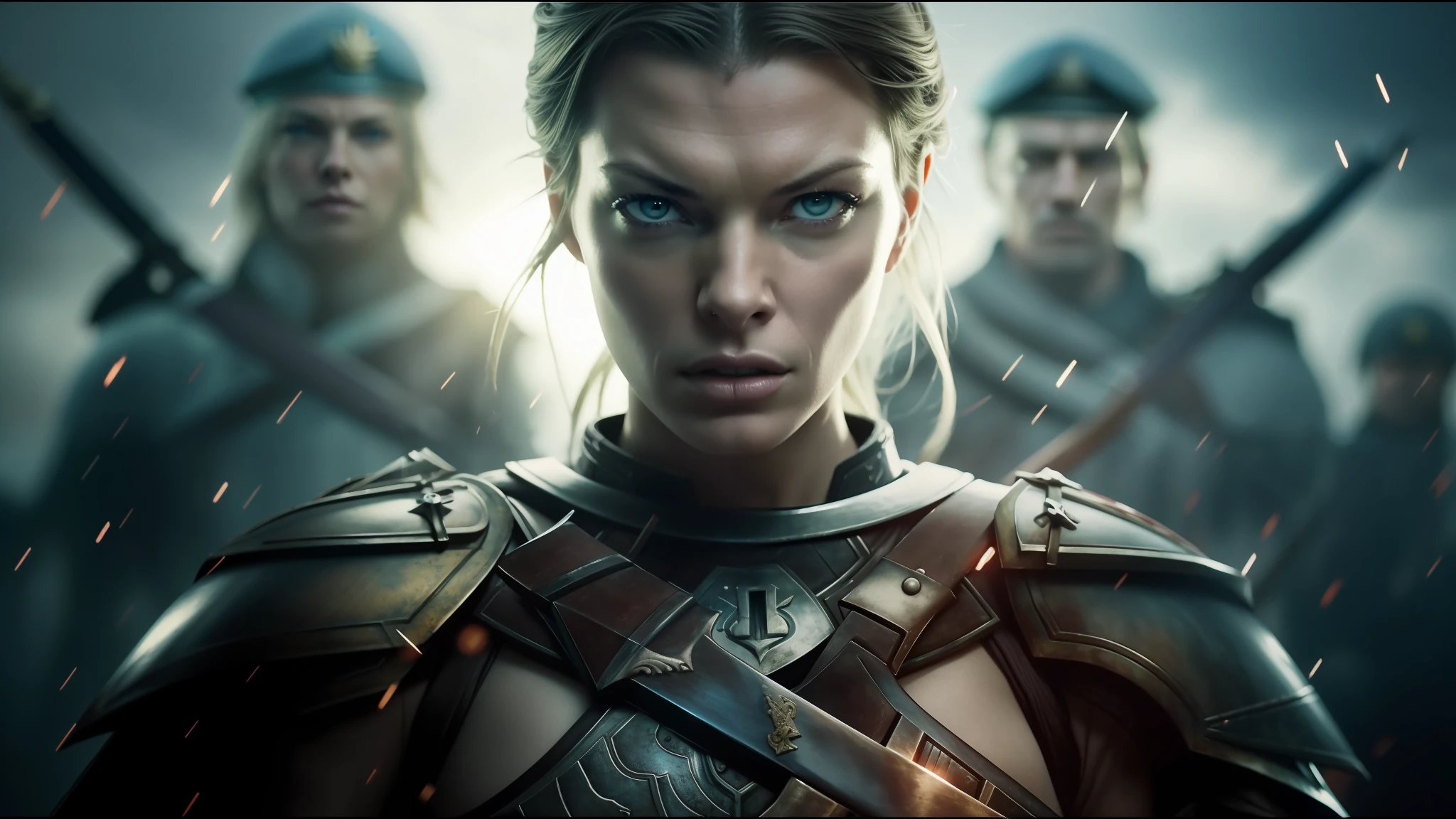 woman armed with blue eyes and a sword, lost weeks, cinematic lighting, behance, milla jovovich, asterix, by Władysław Podkowiński, portraits of an enraged woman, cinematic opening shot, by Jens Søndergaard, 8k file print, human soldiers, Nordic