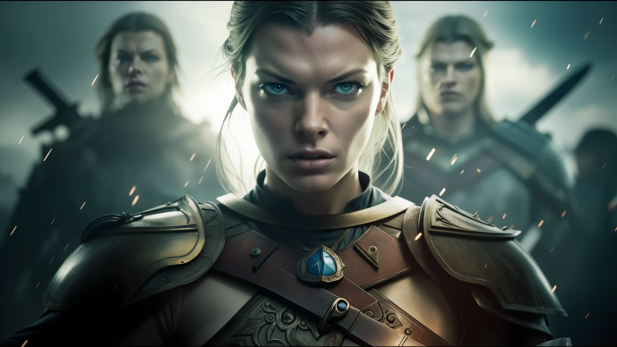 woman armed with blue eyes and a sword, lost weeks, cinematic lighting, behance, milla jovovich, asterix, by Władysław Podkowiński, portraits of an enraged woman, cinematic opening shot, by Jens Søndergaard, 8k file print, human soldiers, Nordic