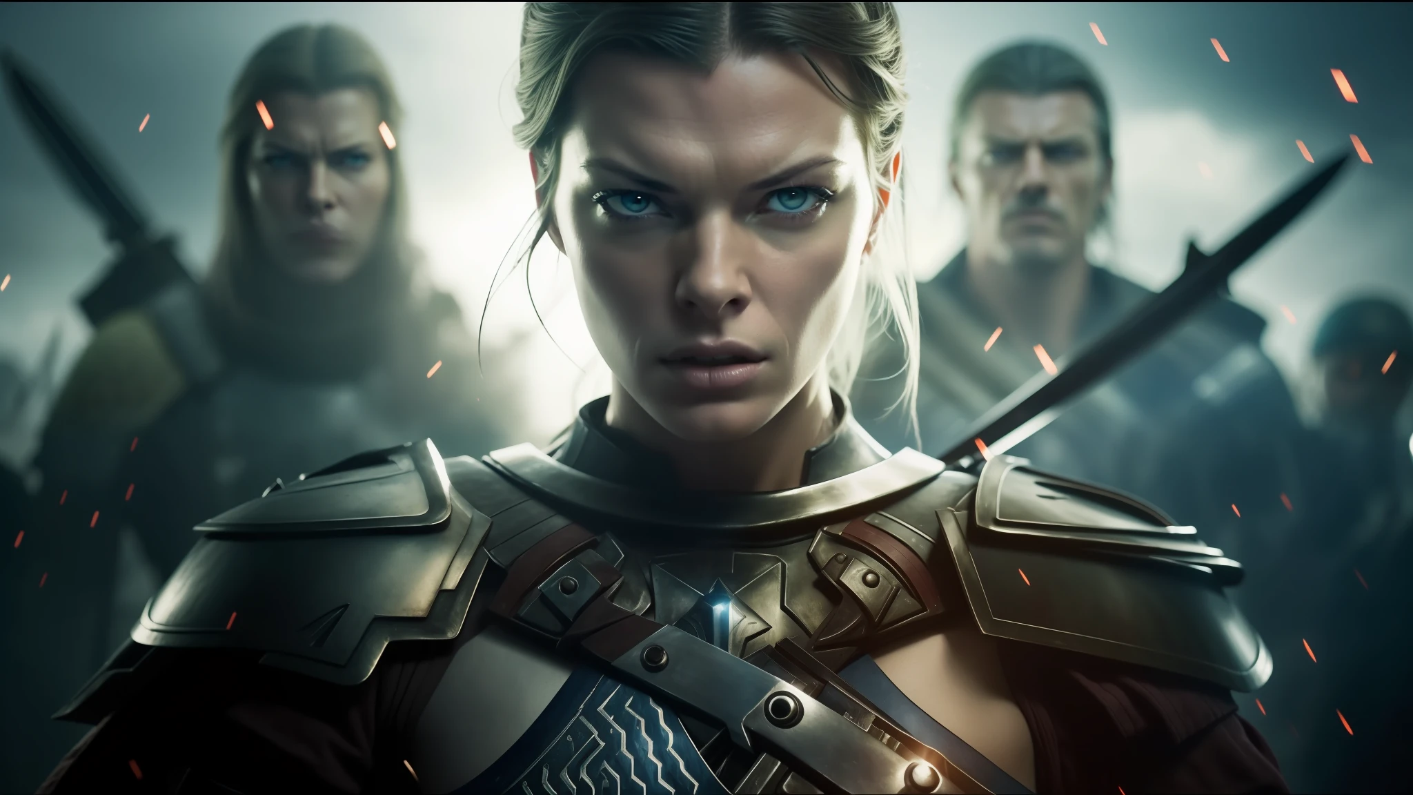 woman armed with blue eyes and a sword, lost weeks, cinematic lighting, behance, milla jovovich, asterix, by Władysław Podkowiński, portraits of an enraged woman, cinematic opening shot, by Jens Søndergaard, 8k file print, human soldiers, Nordic