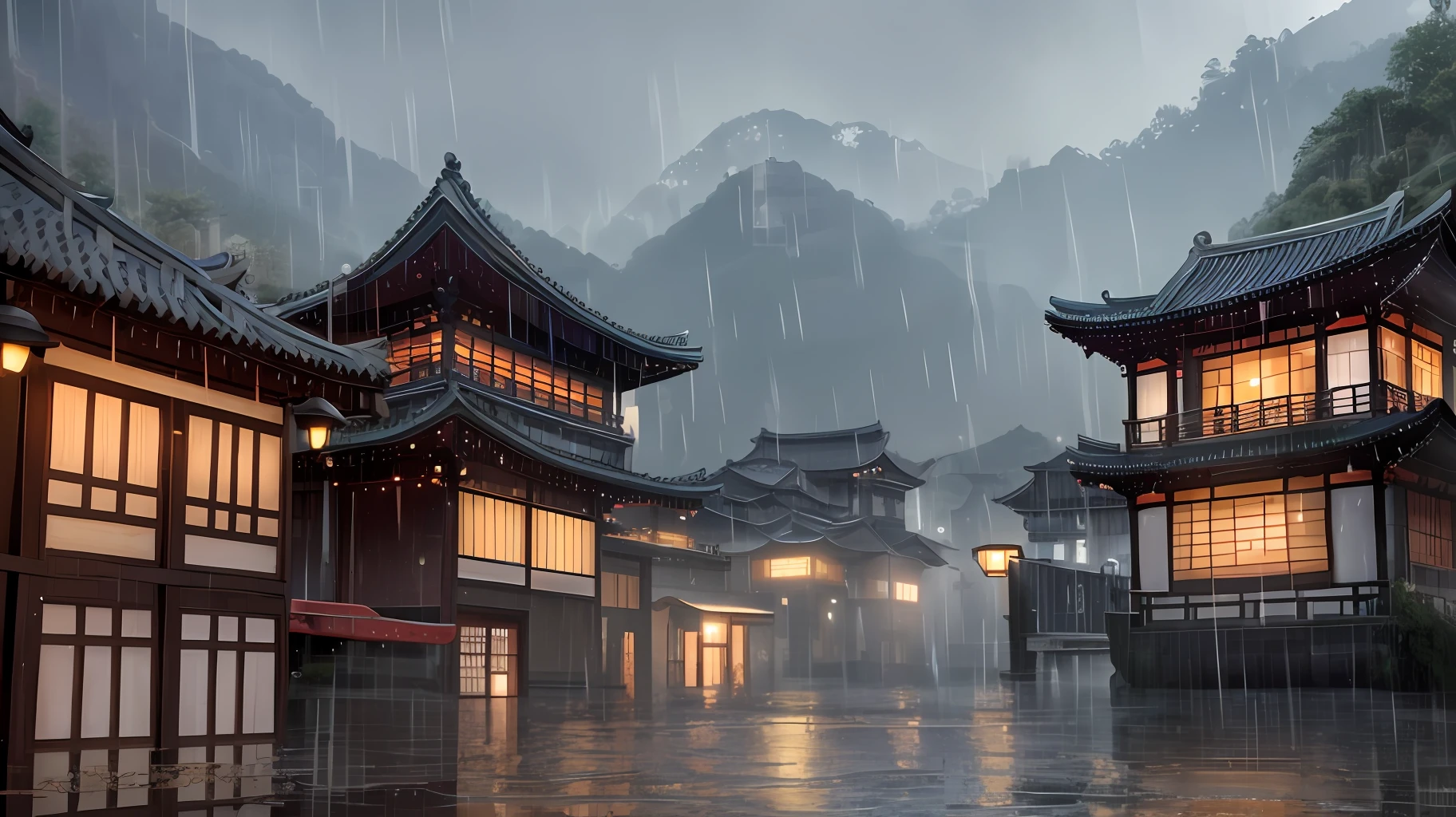 arafed view of a village with a lot of lights on the buildings, dreamy chinese town, chinese village, amazing wallpaper, japanese town, japanese village, hyper realistic photo of a town, old asian village, japanese city, by Raymond Han, rainy evening, cyberpunk chinese ancient castle, beautifully lit buildings, at evening during rain, beautiful and aesthetic, photography, cinematic, 8k, high detailed ((Heavy rain)))