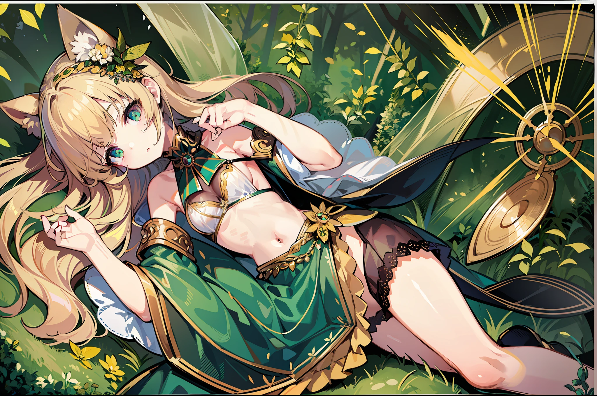 (MASTERPIECE), (Best Quality), (Ultra Detail), Official Art, One Girl, Lori with Pale Golden Hair, Petite Little Girl, Loli, Green and Gold and Silver See-Through Dress, Sleeveless, Off Shoulder, Small, Small, Small, Cleavage, Underboob, Thigh Focus, Navel Out, Card Illustration, Deep Forest, Wallpaper