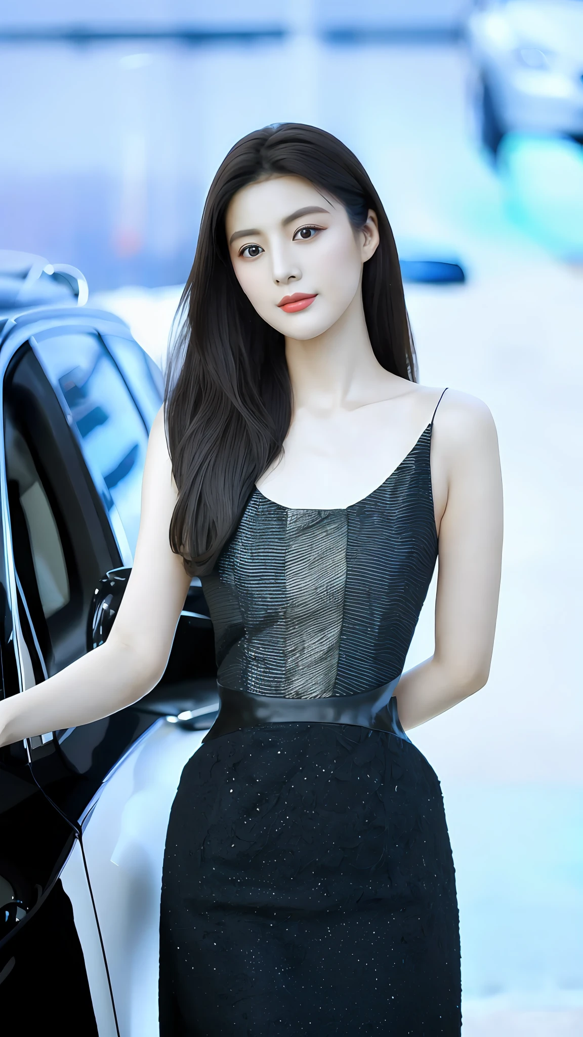 araffe woman in a black dress standing next to a car, korean women's fashion model, cute korean actress, dilraba dilmurat, hwang se - on, beautiful south korean woman, jaeyeon nam, gorgeous young korean woman, lee ji - eun, lee ji-eun, jia, female actress from korea, park ji-min, gongbi