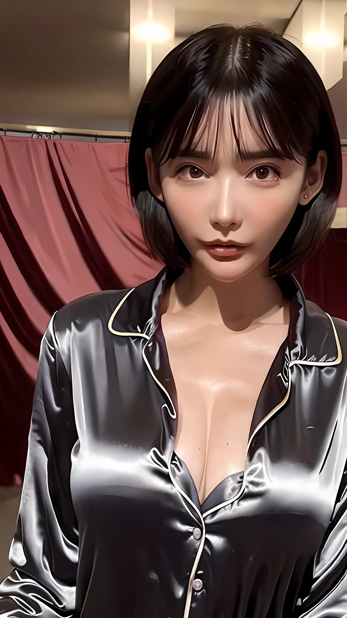 Best quality, best image quality, highest resolution, super detail, satin pajamas, silk pajamas, pajama material is shiny, soft and smooth to the touch, no underwear is worn, breast is C cup, nipple head can be seen through pajamas, full body shooting so that the face can also enter, subject alone, location is hotel bathtub, hands on chest, sweaty, armpit sweat stains