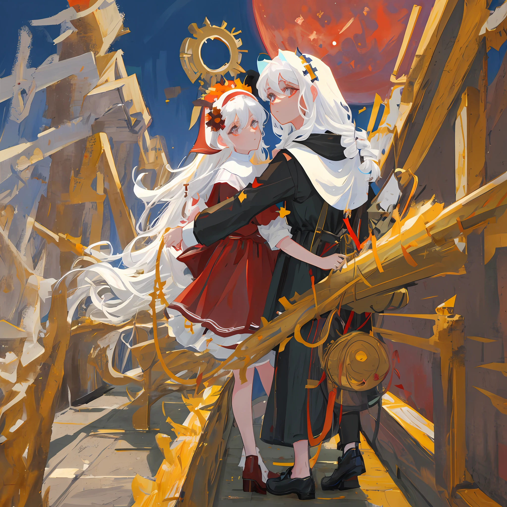 Best quality, masterpiece, god, holy, blood moon as background, nun, white hair, cross, 4k, tomb