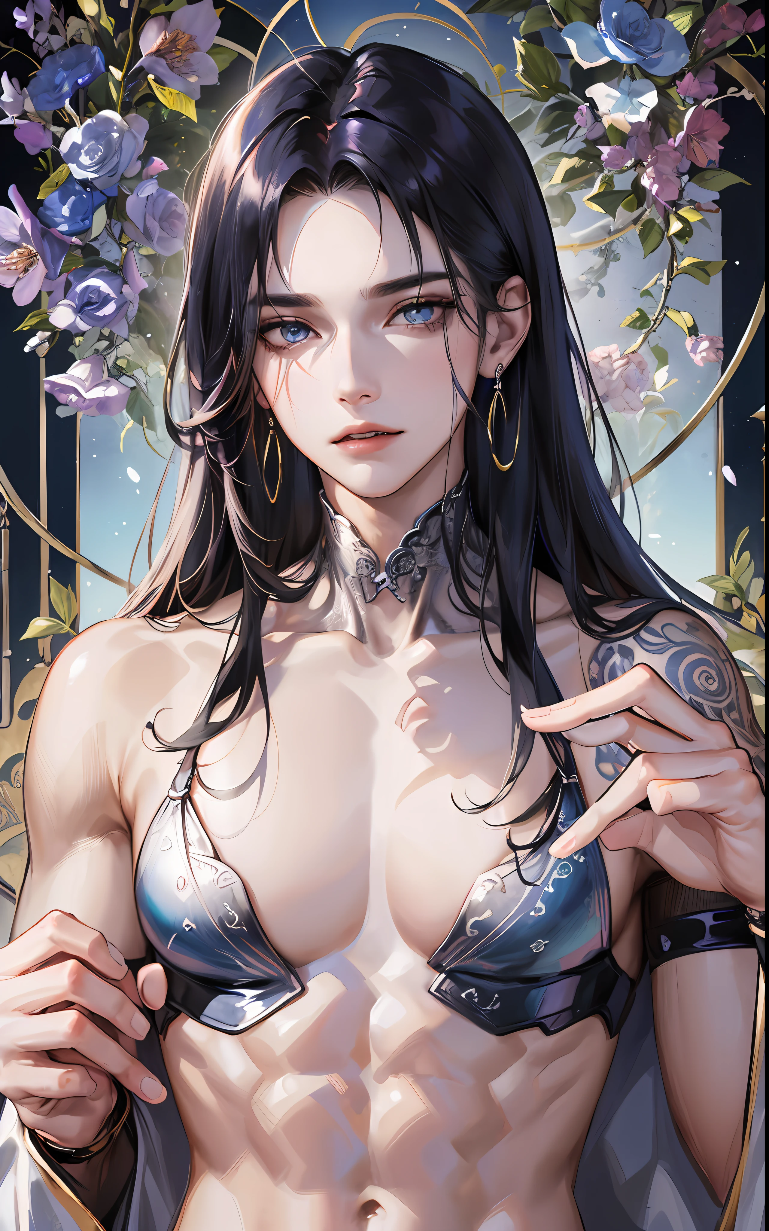 man, masculine, masculine face, attractive, muscular, ((1man)), masterpiece, absurdres, best quality ,intricate details , (shiny skin, shiny body, shiny oily luster skin, shiny hair, pale skintone), Sundown, attractive, ((muscular)), adult, one, tattoo in his chest ,black blouse, earrings, black pants, Don't look at the view , Not looking at the view, blue long hair, perfect detailed face, perfect detailed hands, vampire, blue eyes, ((MLS)), medium large shoot