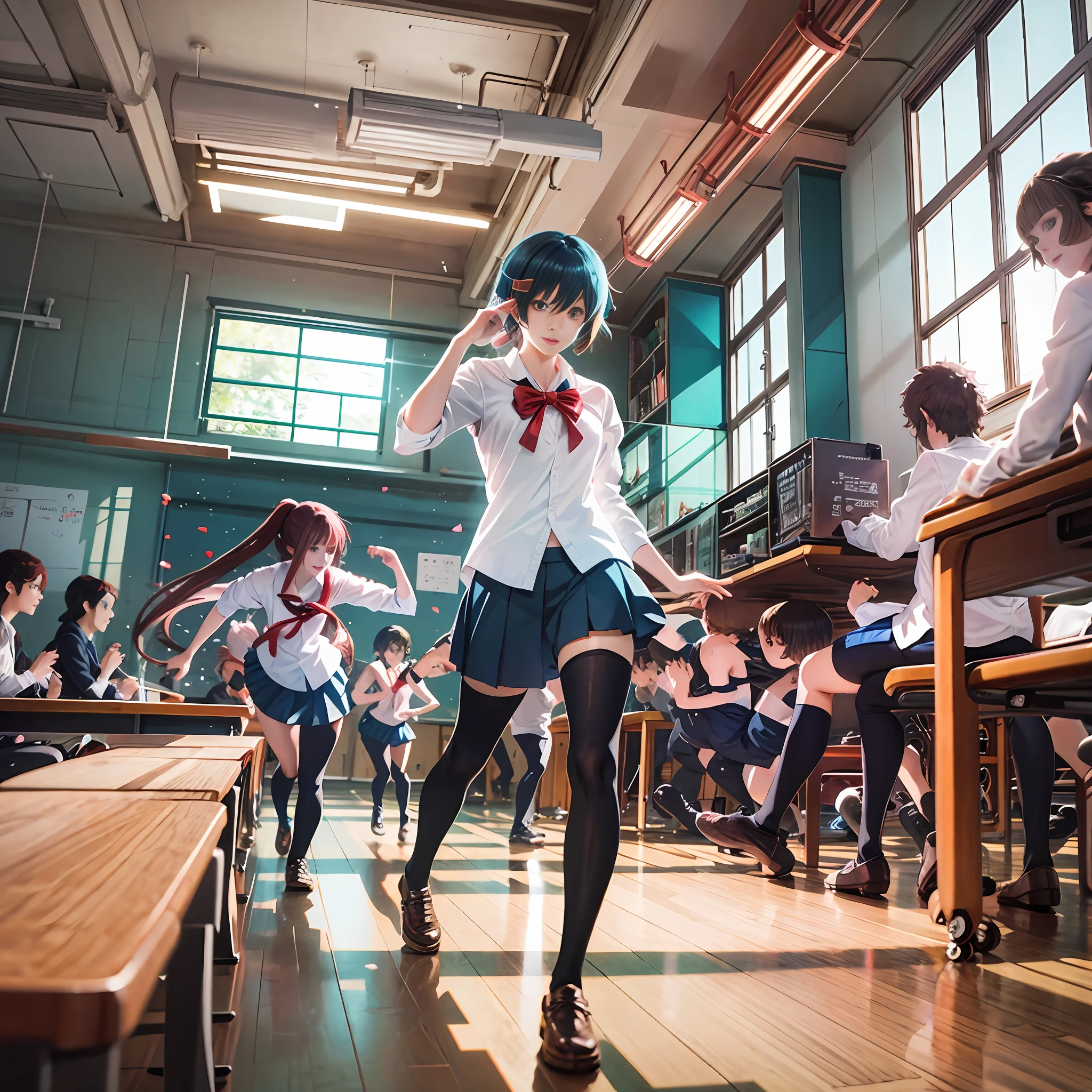 A group of anime people in the classroom run around