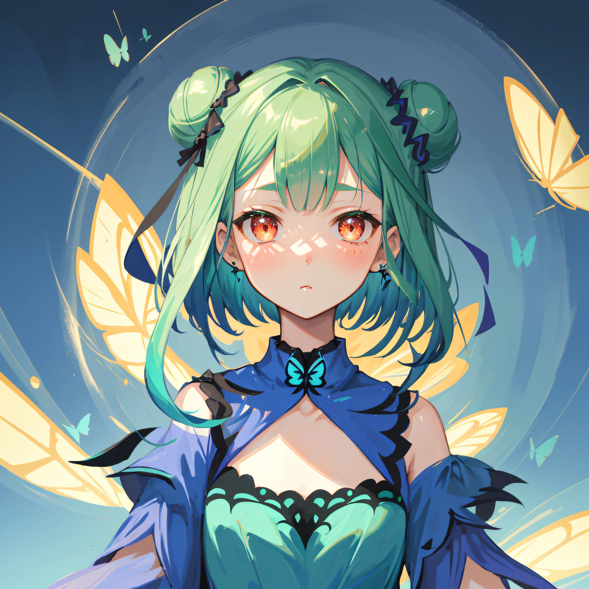 (人物: Uruha Rushia), tiny_chest, flat_chest, double bun, short hair, (masterpiece:1.2), 1girl, solo, best quality, shiny skin, hyper detailed ultra high res, cute, looking at viewer, extremely detailed wallpaper, close up portrait, with a butterfly,